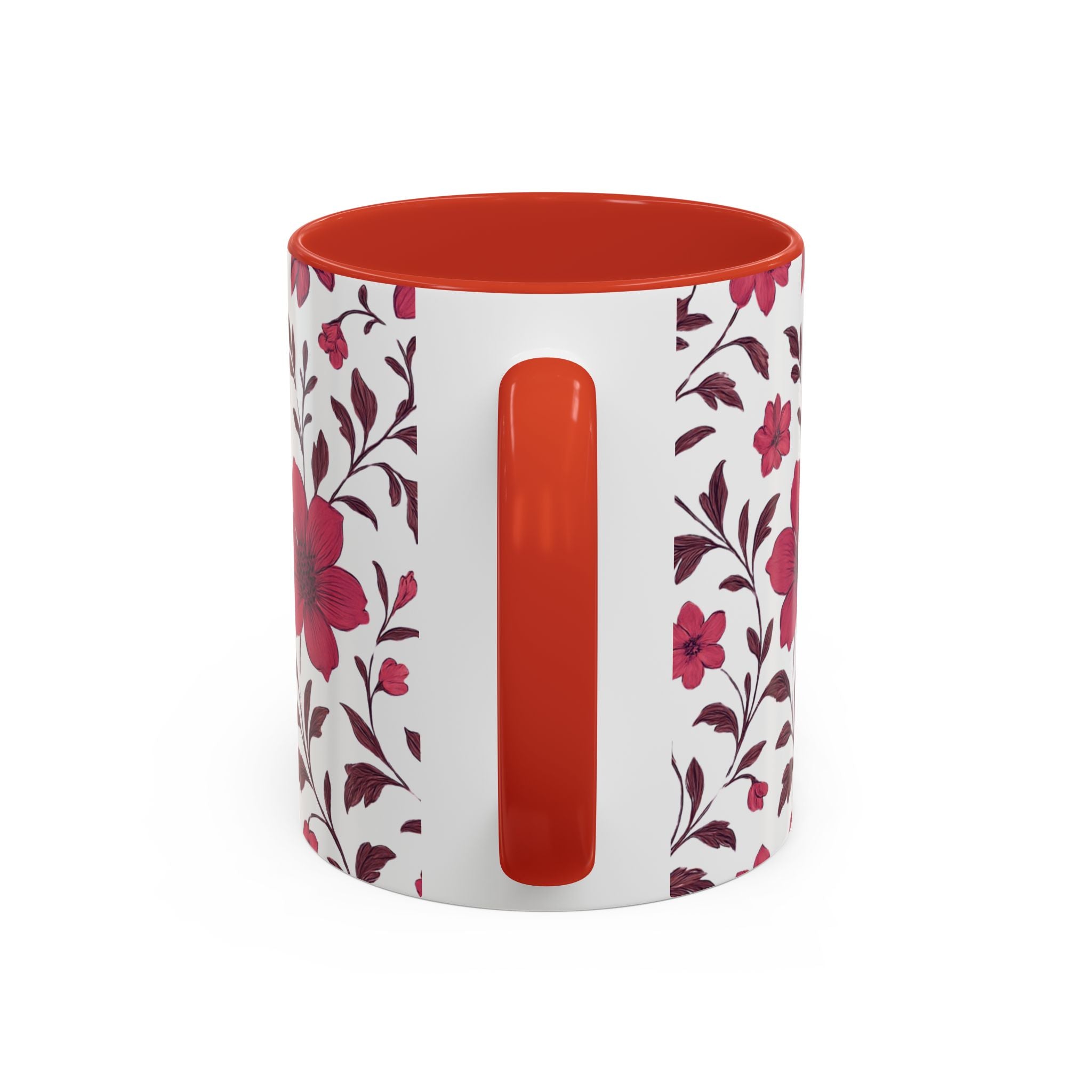 Floral Burgundy Accent Coffee Mug — Pink Blossom Pattern, 11/15oz