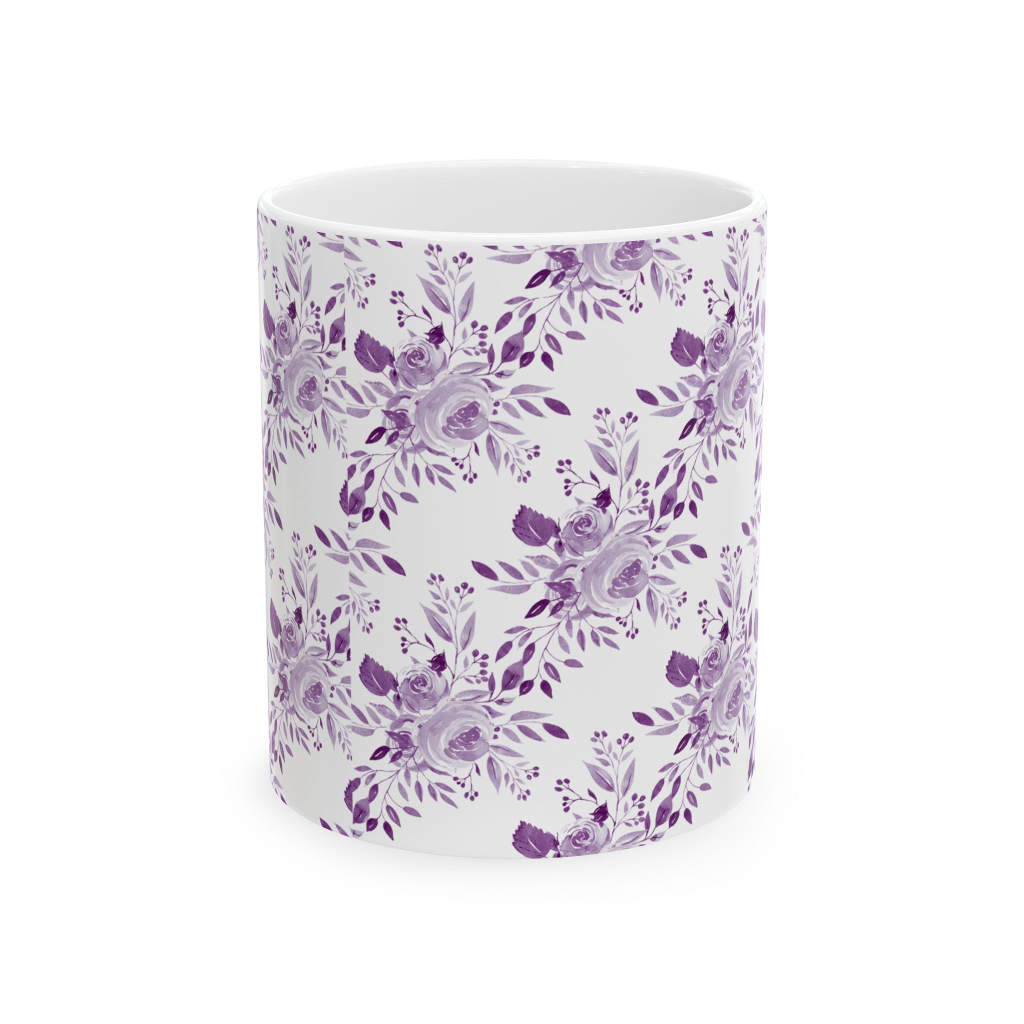 Purple Watercolor Floral Ceramic Mug — Lavender Rose Pattern (11oz & 15oz)