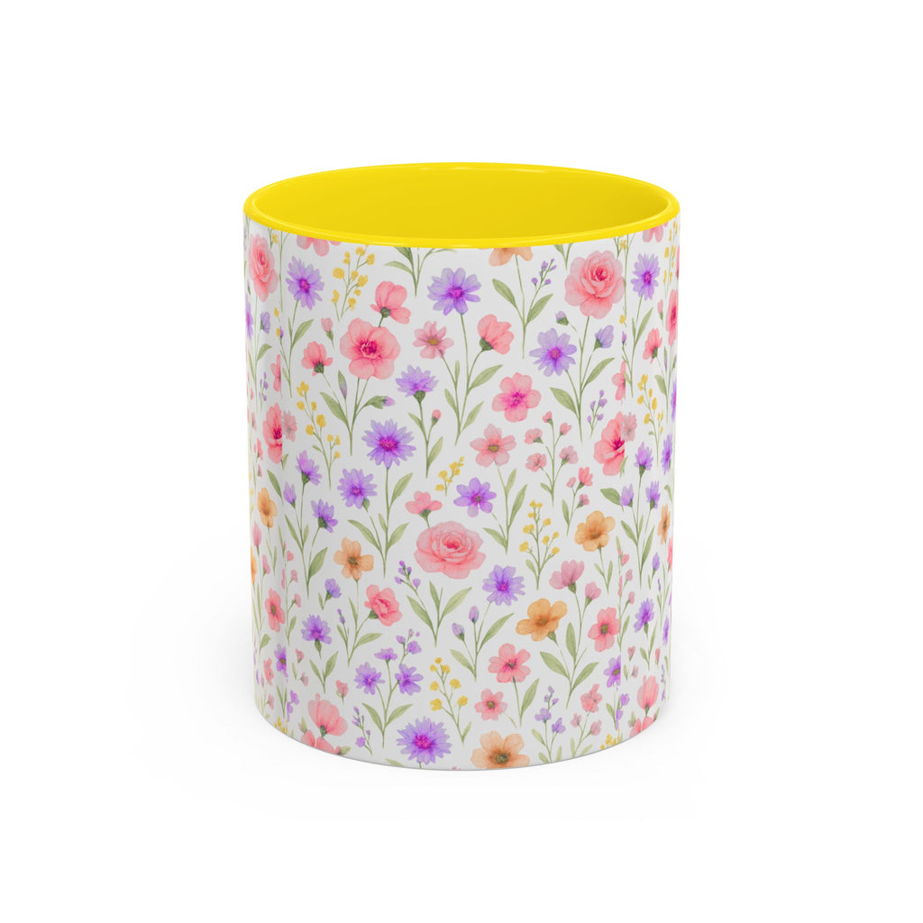 Floral Watercolor Accent Coffee Mug — Pastel Wildflower Pattern (11/15 oz)