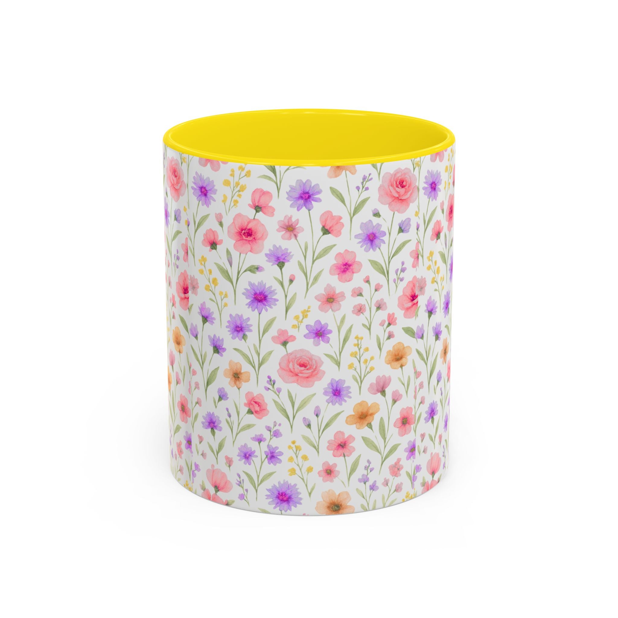 Floral Watercolor Accent Coffee Mug — Pastel Wildflower Pattern (11/15 oz)
