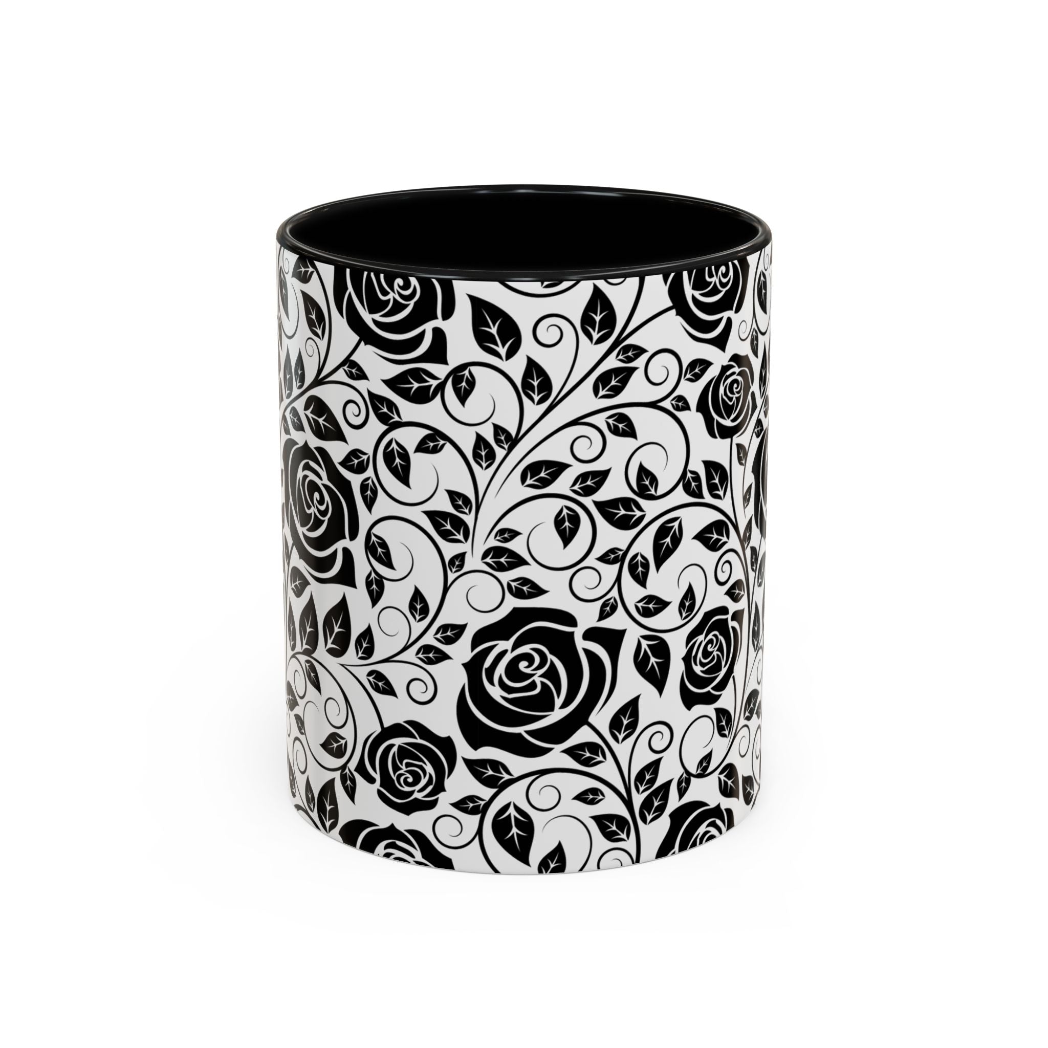 Black Rose Pattern Accent Coffee Mug — 11/15oz Ceramic Gift