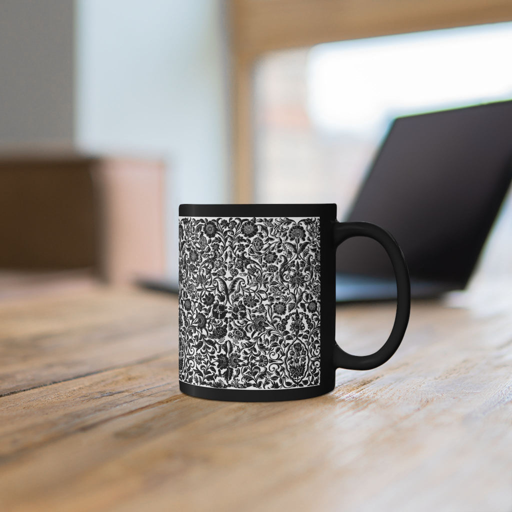 Black Ceramic Mug - Intricate Black & White Floral Pattern