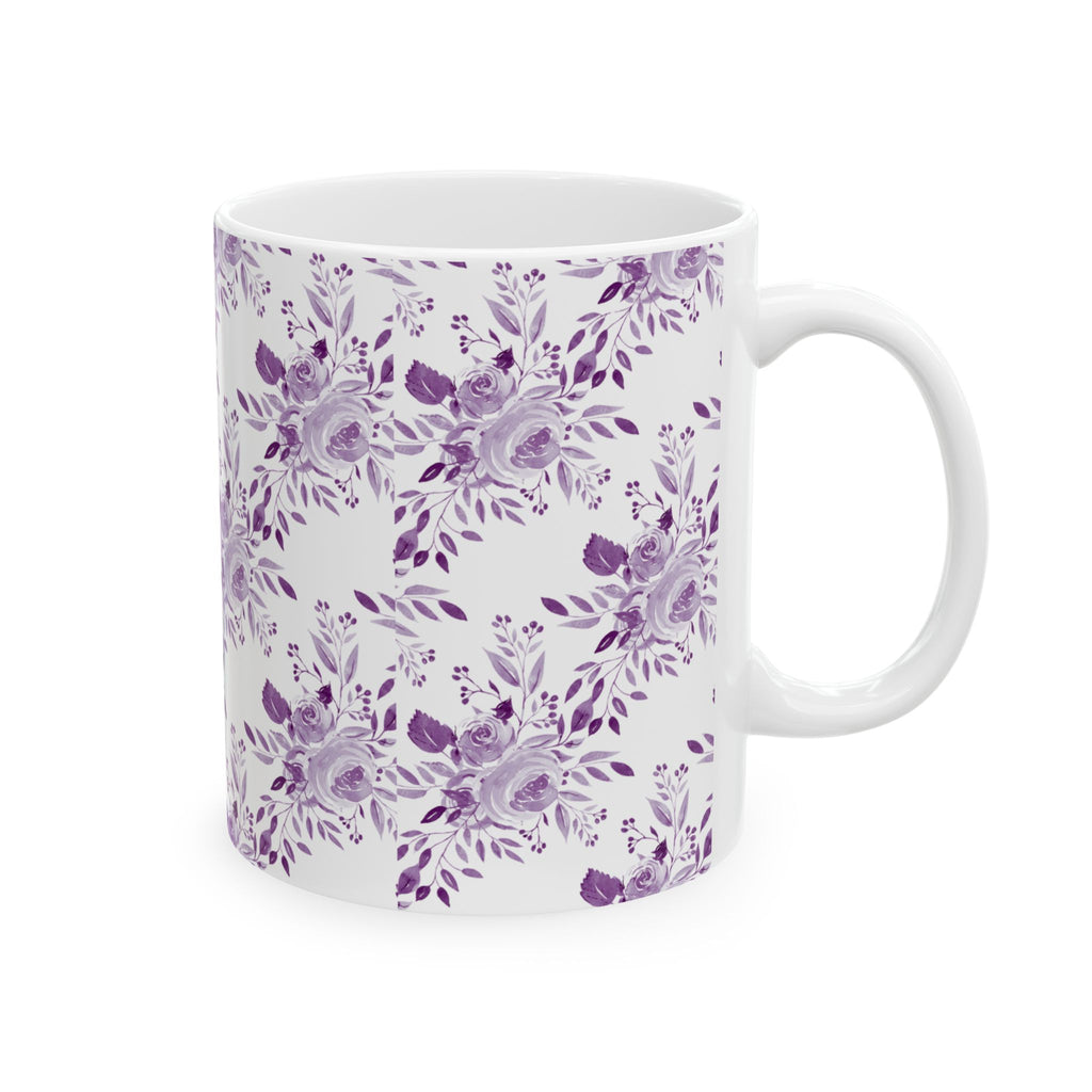 Purple Watercolor Floral Ceramic Mug — Lavender Rose Pattern (11oz & 15oz)