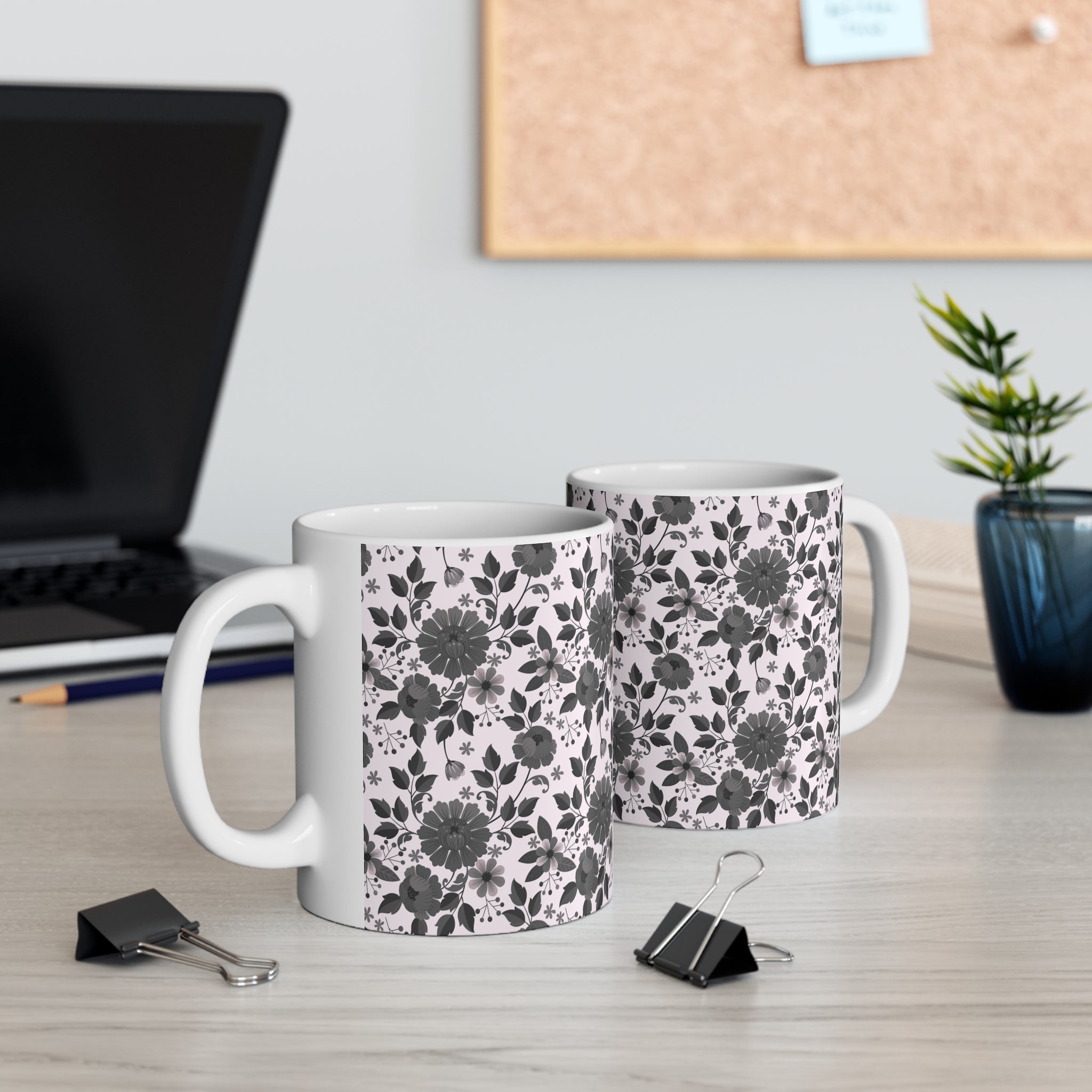 Floral Pattern Coffee Mug — Black & Blush Vintage Daisy Ceramic Mug