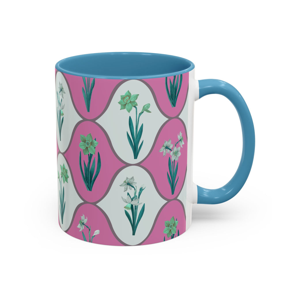 Floral Wave Accent Coffee Mug – Pink Retro Daffodil Pattern (11/15oz)