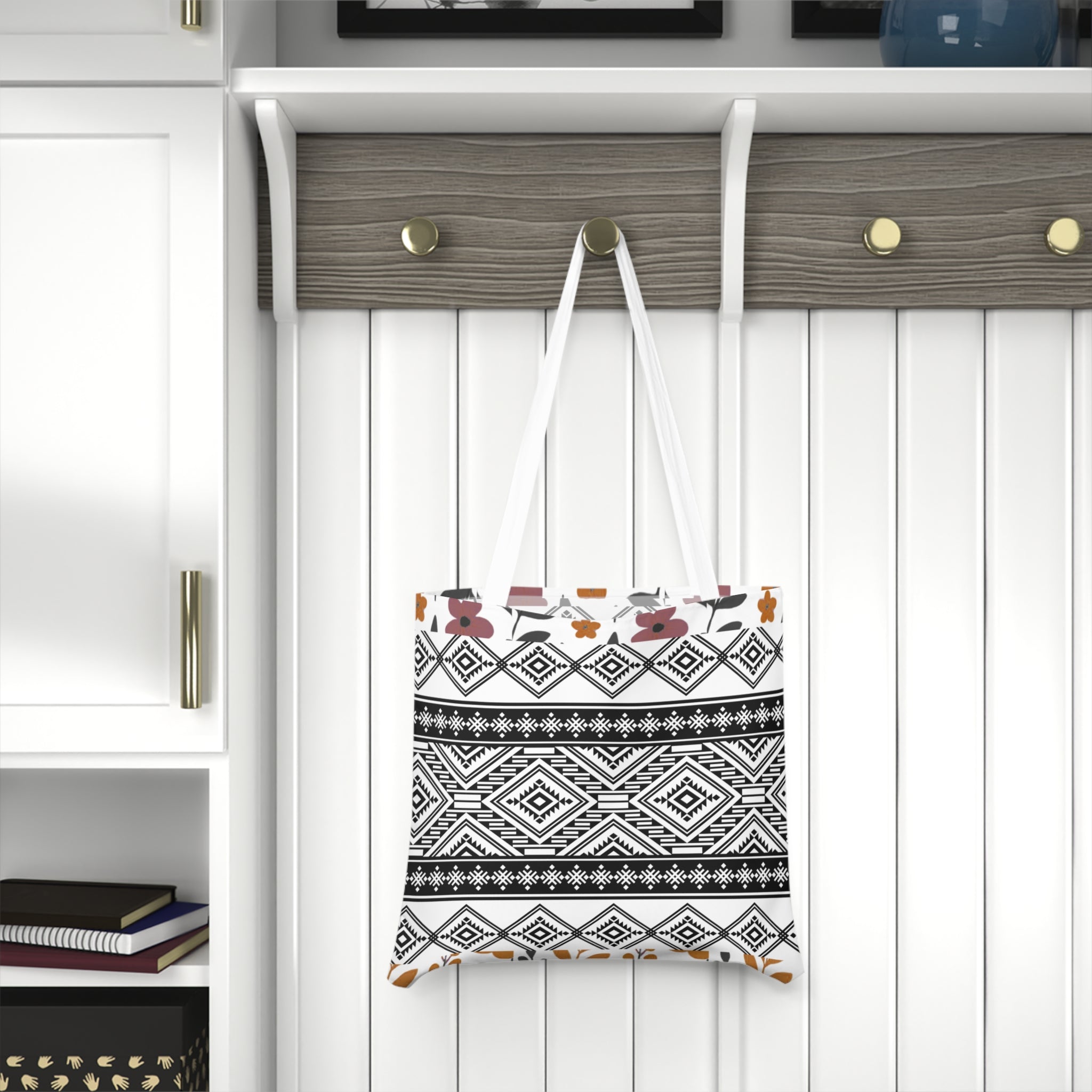 Boho Geometric Shoulder Tote - Tribal Black & White Pattern Canvas Bag