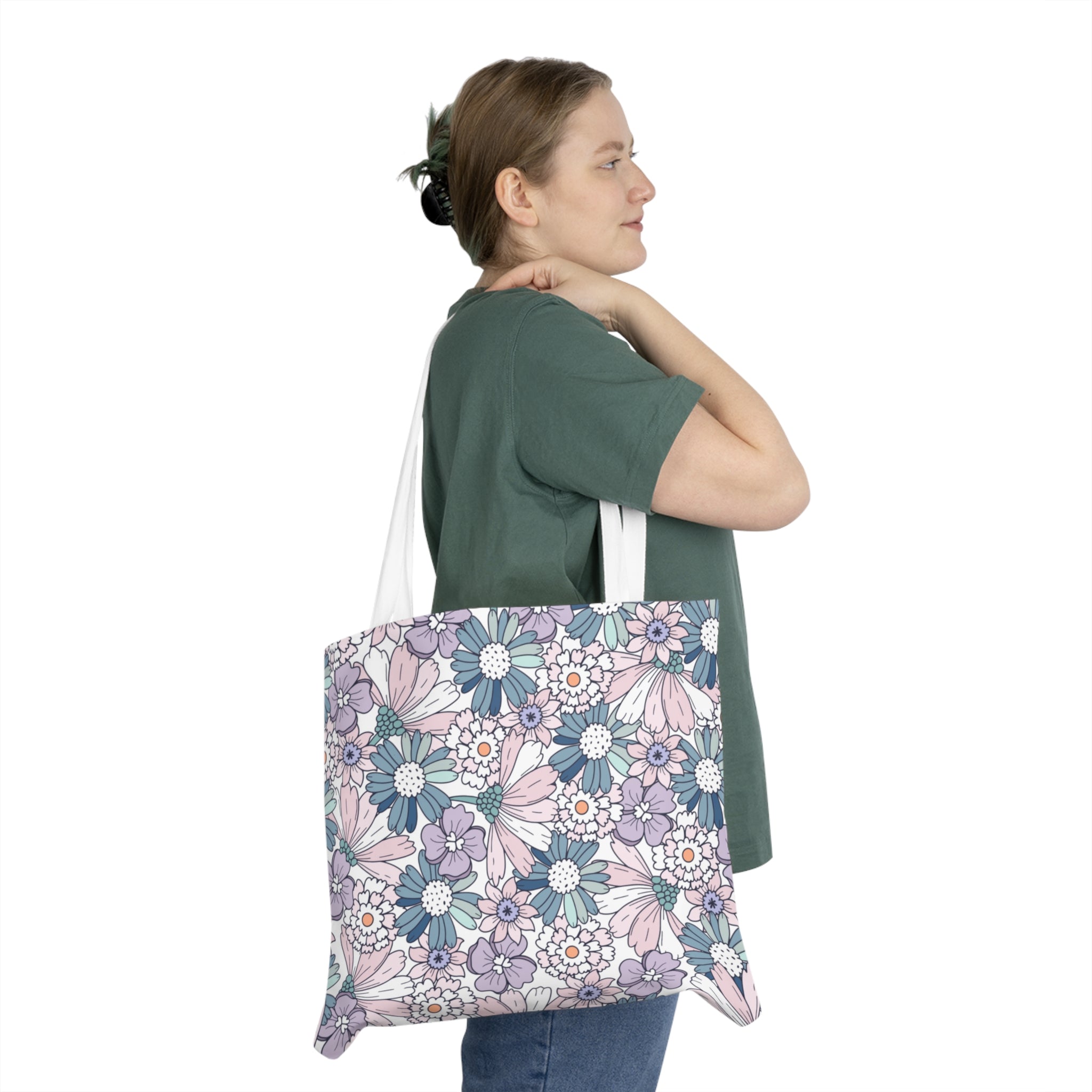 Floral Meadow Shoulder Tote — Pastel Daisy All-Over Print