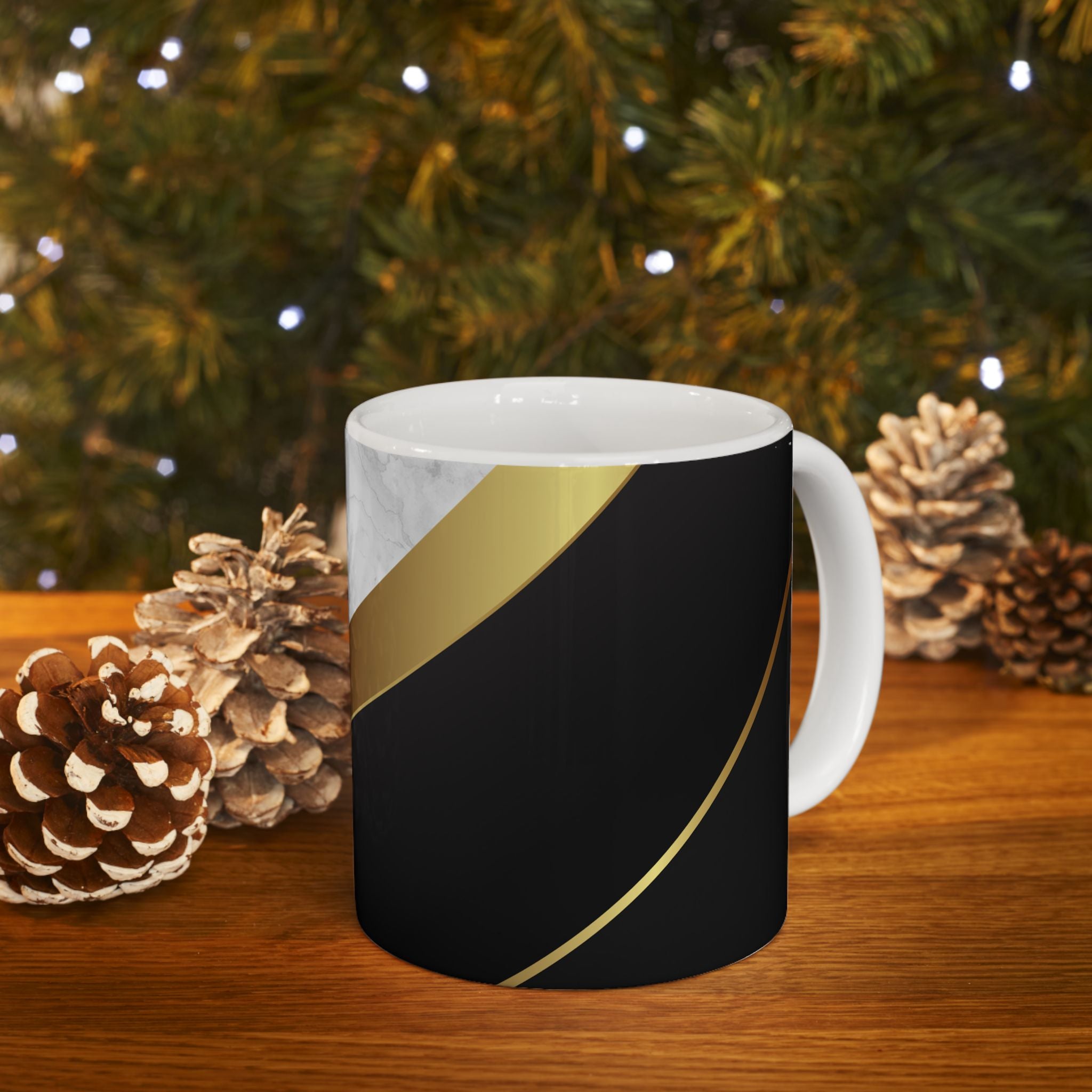 Marble & Gold Stripe Ceramic Mug (11oz, 15oz) — Elegant Black Luxe Coffee Cup