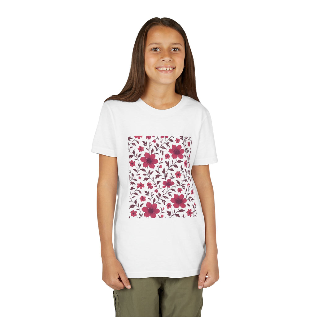 Girls Floral Pattern Youth Tee — Pink Red Blossom Short Sleeve Shirt