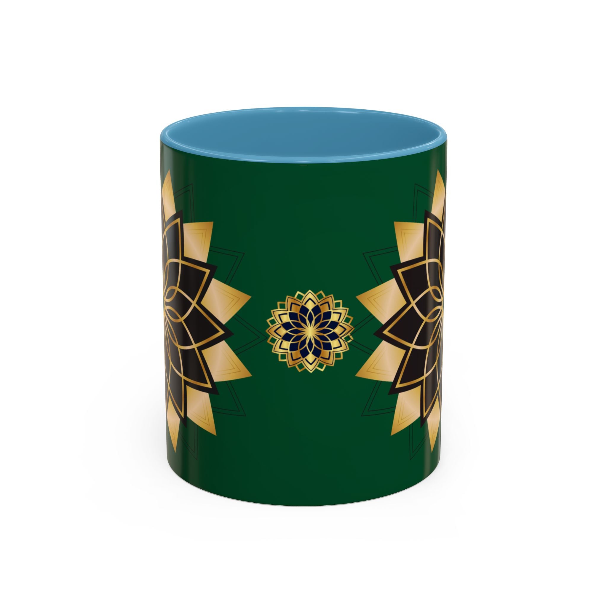 Gold Mandala Accent Coffee Mug — Elegant Green & Black Ceramic 11/15oz