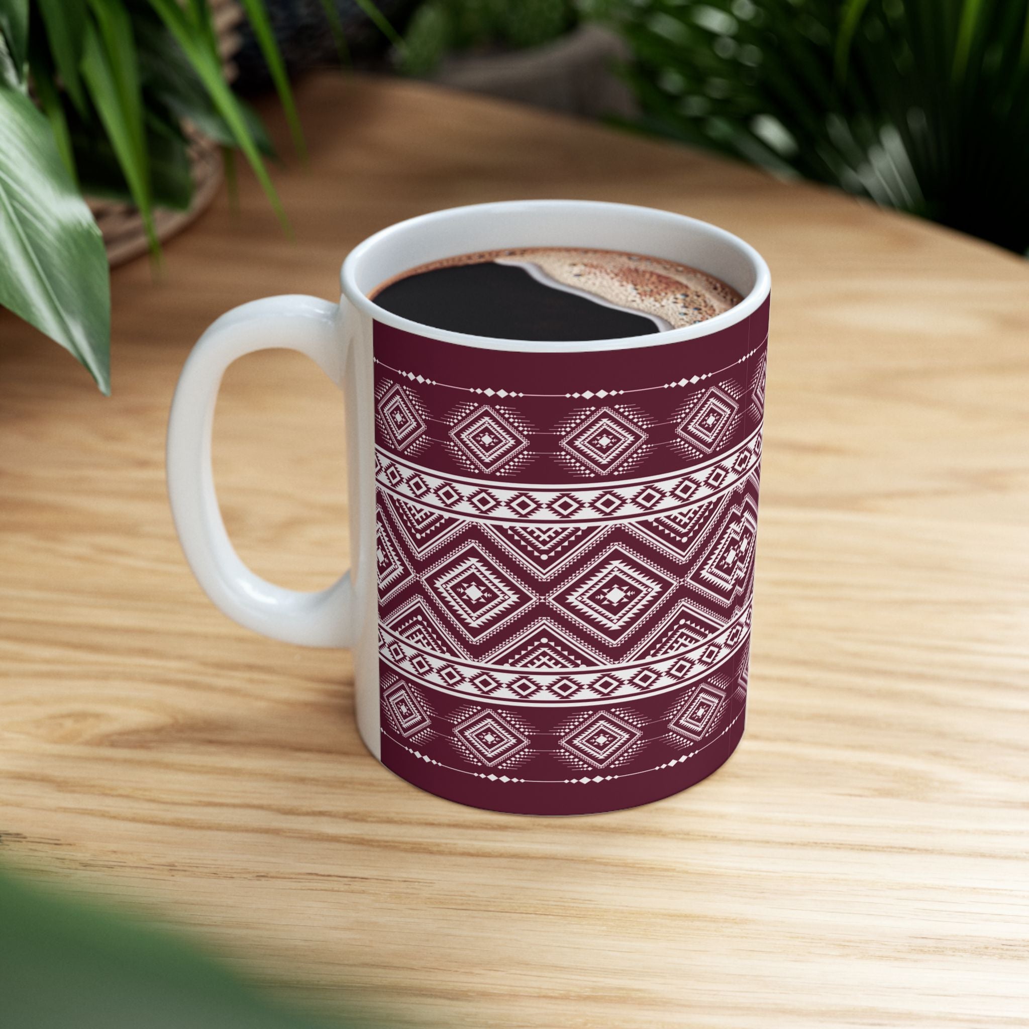 Maroon Aztec Pattern Ceramic Mug – Geometric Tribal Coffee Cup (11oz/15oz)