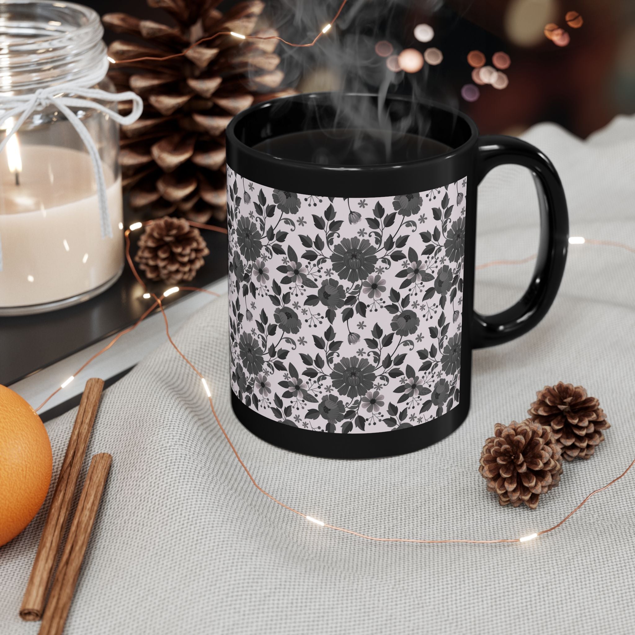 Black Floral Pattern Mug — Monochrome Vintage Flower Coffee Cup (11oz, 15oz)