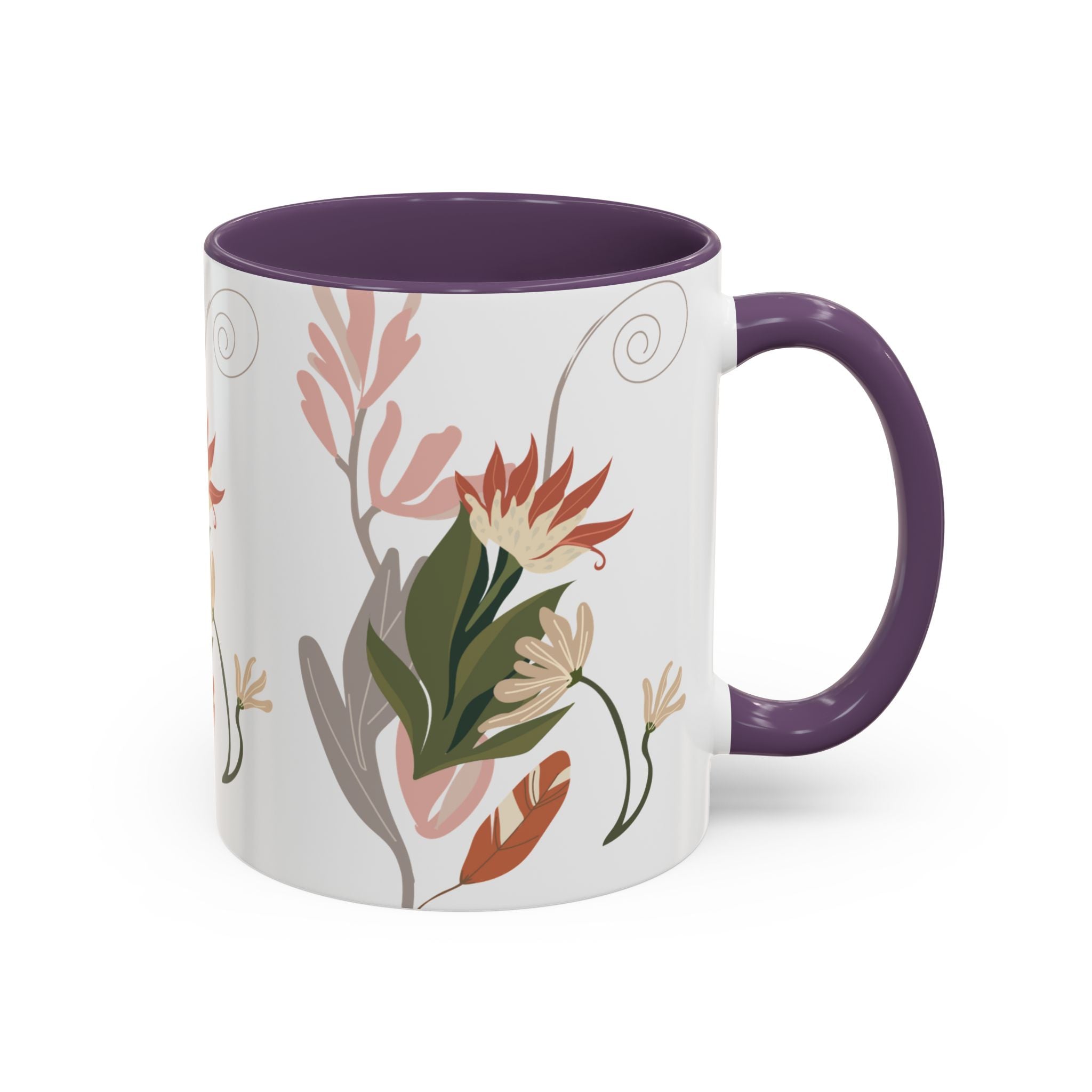 Floral Accent Coffee Mug – Botanical Pink & Green Pattern (11/15oz)