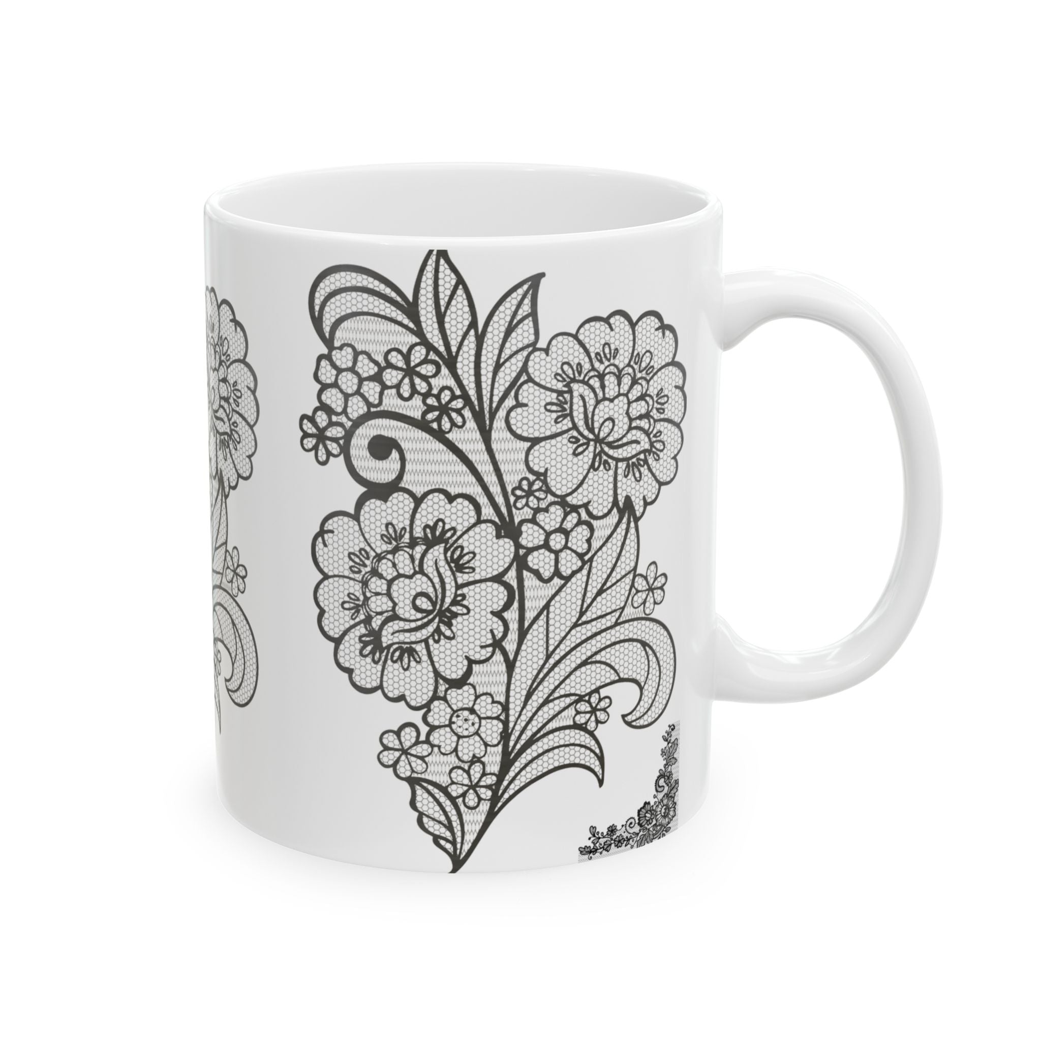 Floral Outline Ceramic Mug — Black & White Hand-Drawn Flower Pattern (11oz, 15oz)