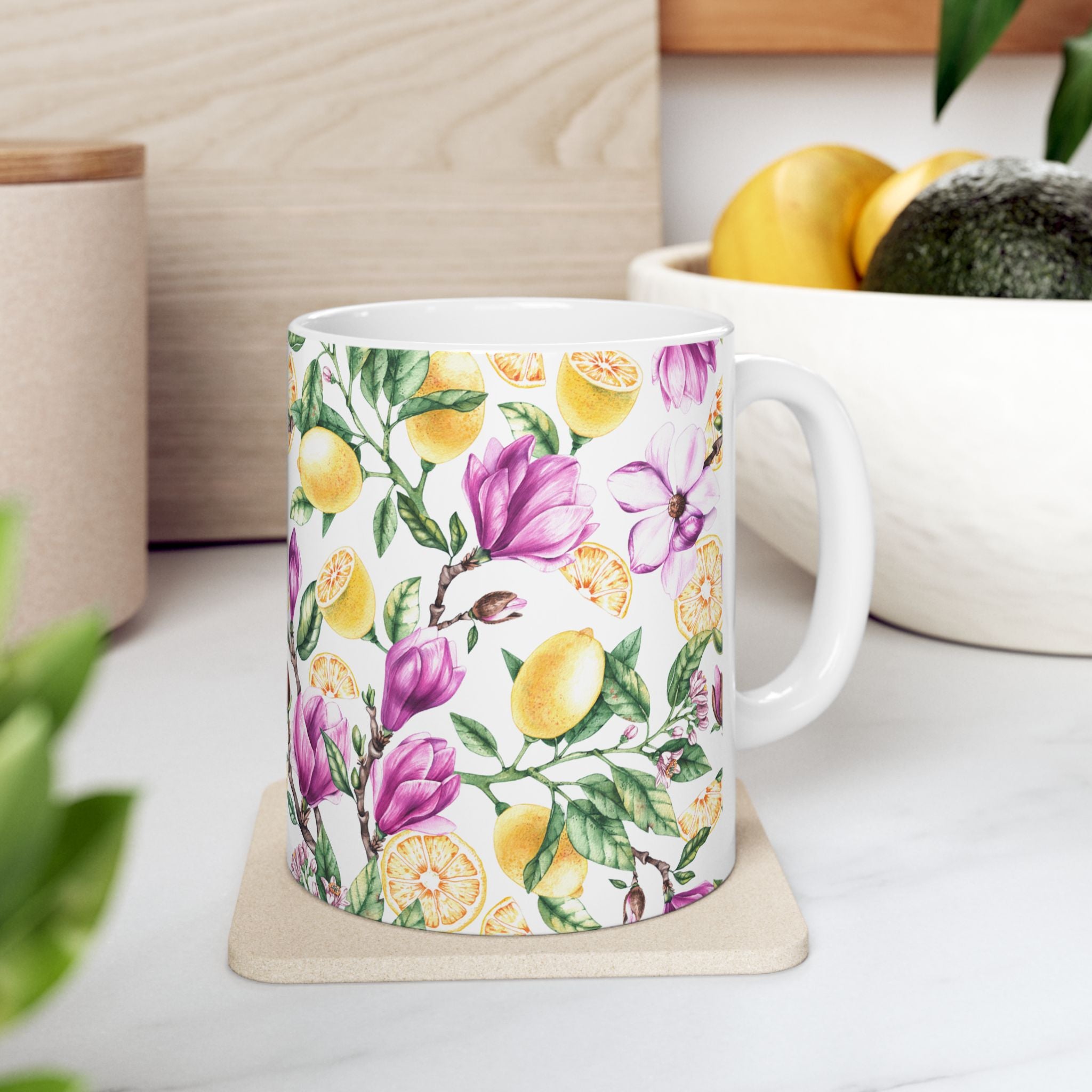 Lemon & Magnolia Floral Ceramic Mug (11oz, 15oz)