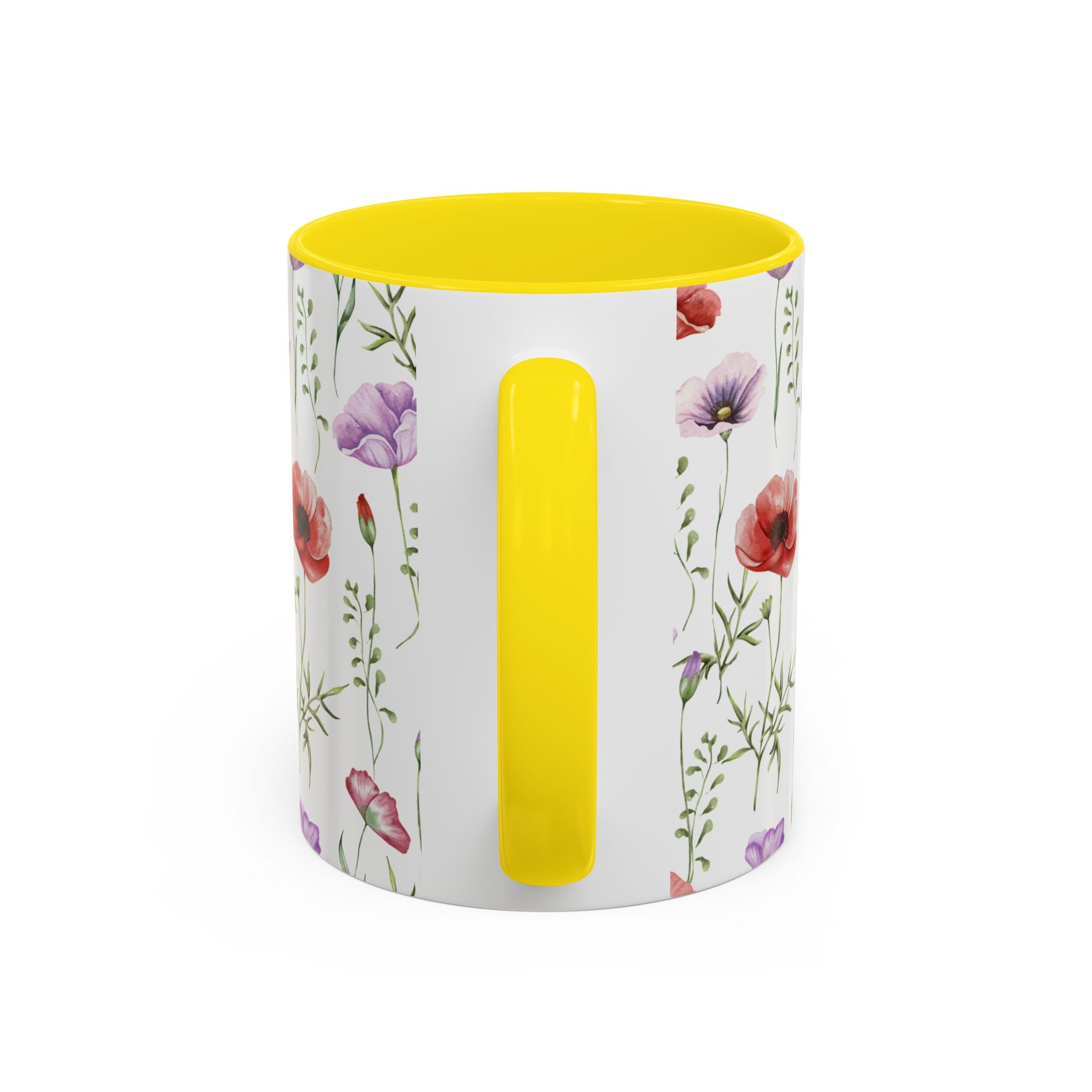 Floral Watercolor Accent Coffee Mug — Poppy & Wildflower Pattern (11/15oz)