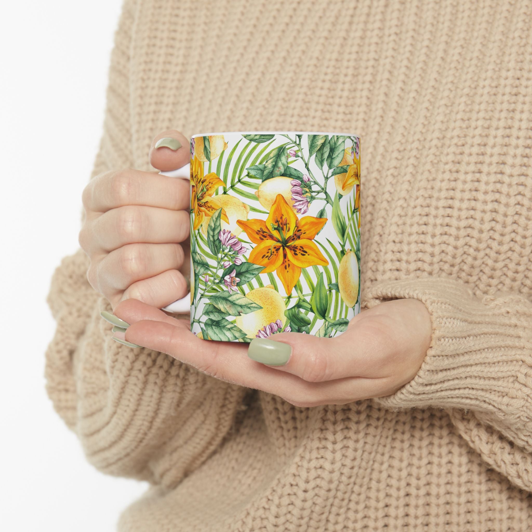 Citrus Lily Ceramic Mug — Tropical Floral Coffee Cup (11oz & 15oz)