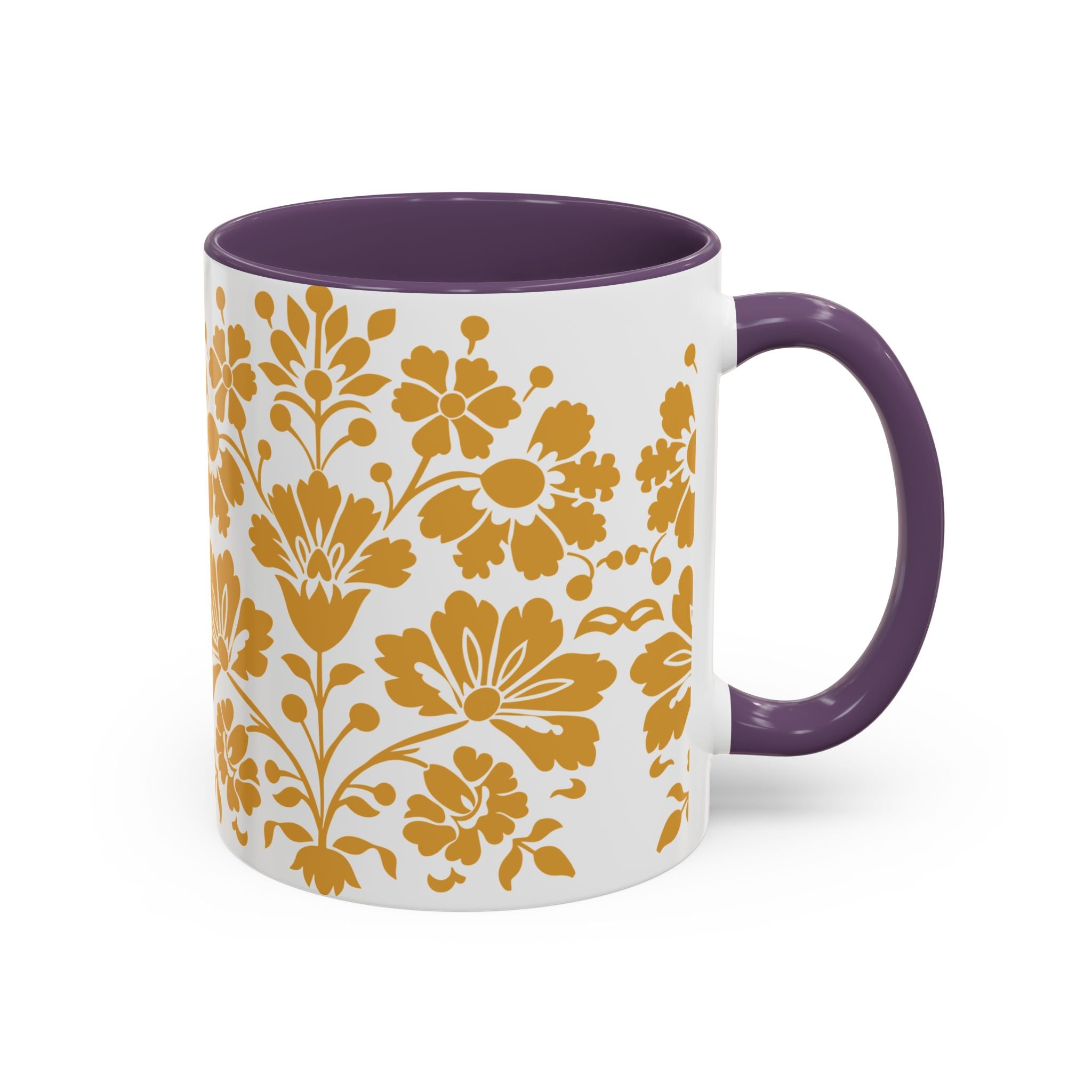 Gold Floral Accent Coffee Mug — Elegant Damask 11/15oz Ceramic