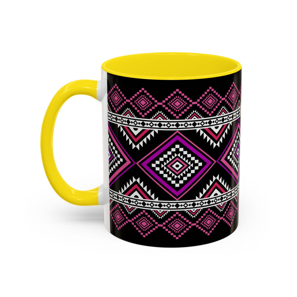 Geometric Aztec Accent Coffee Mug — Pink & Black Tribal Pattern (11/15oz)