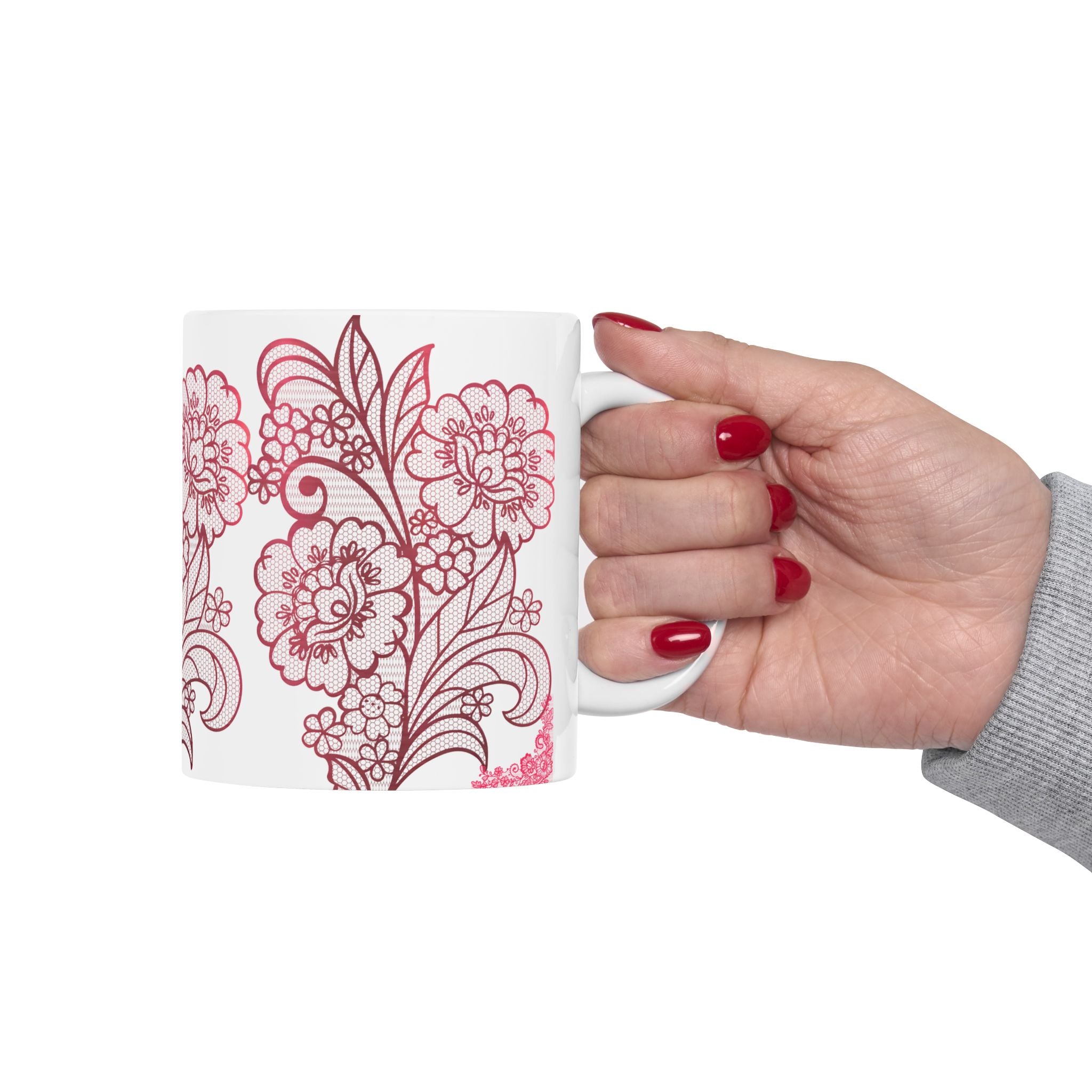 Floral Lace Red Ceramic Mug — Vintage Rose Pattern Coffee Cup (11oz & 15oz)