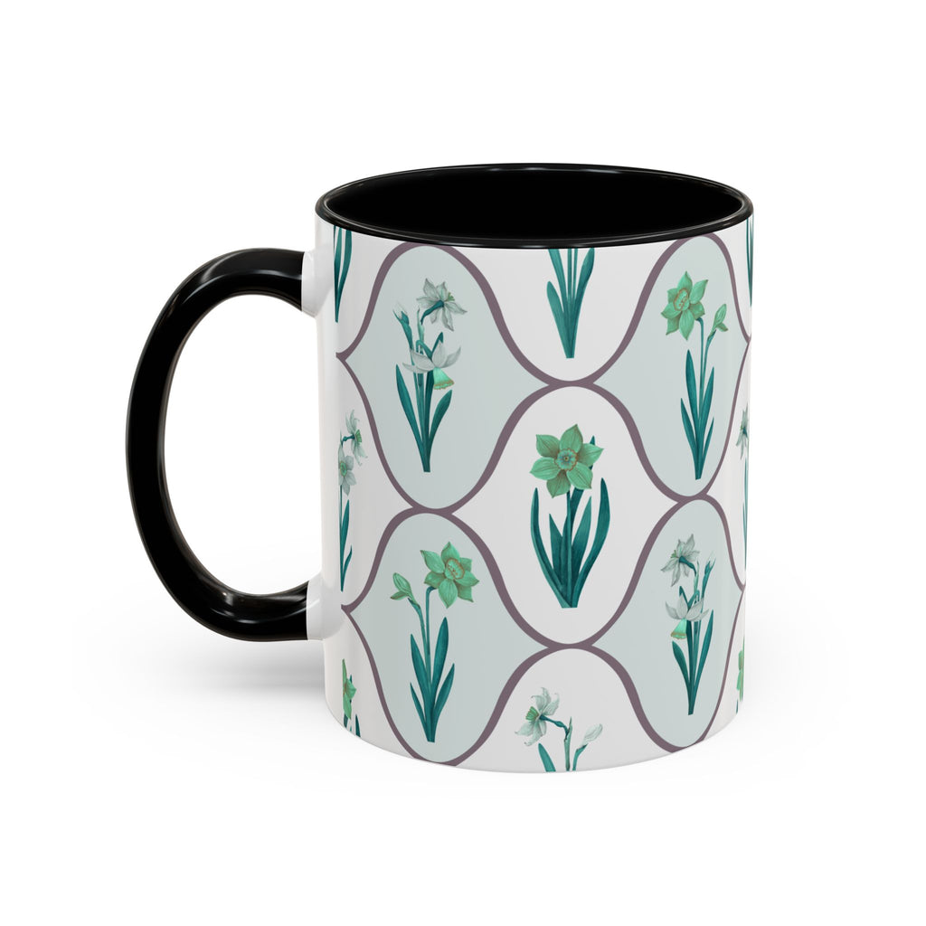 Floral Tile Accent Coffee Mug — Green Botanical Pattern (11/15 oz)