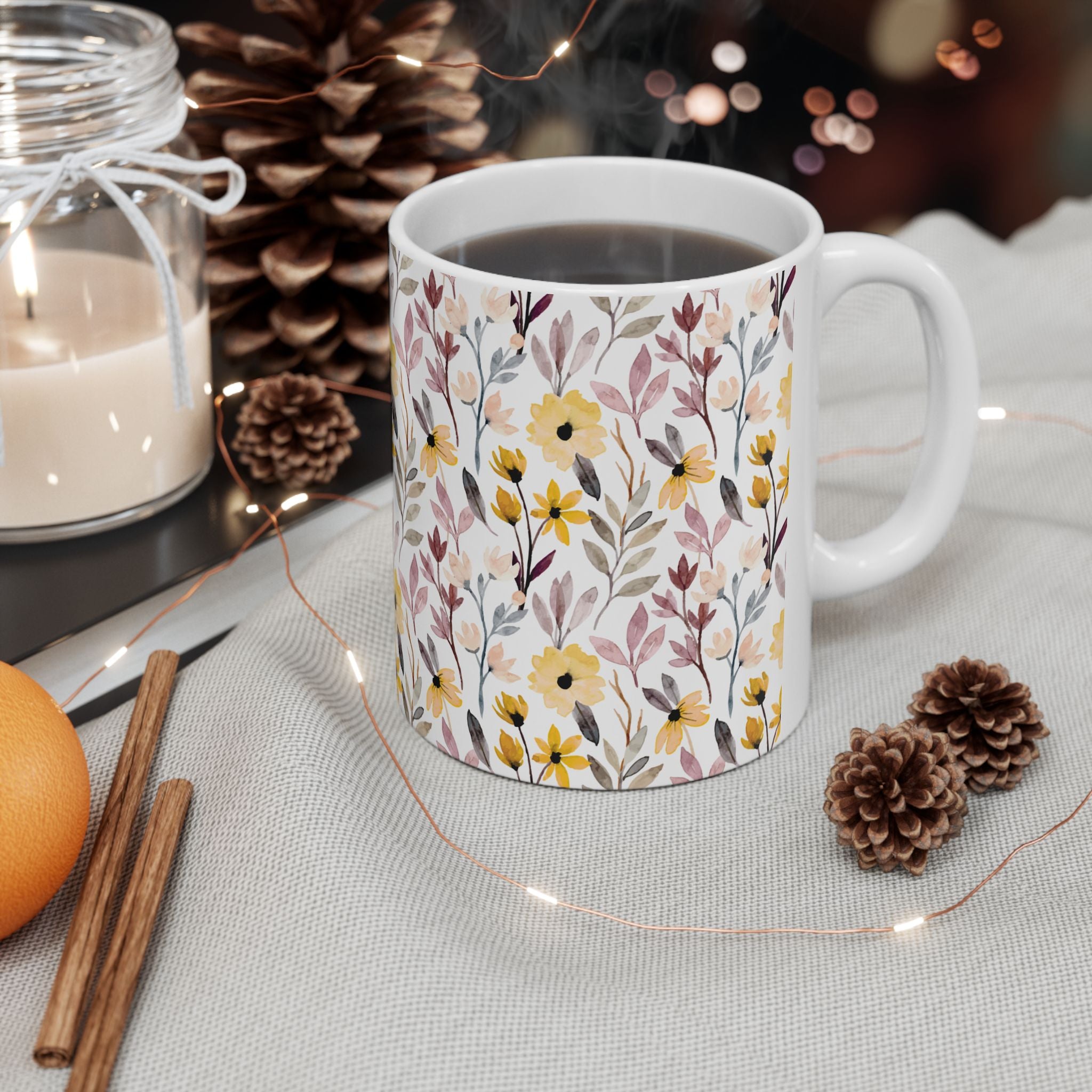 Floral Watercolor Mug – Yellow Wildflower Ceramic Coffee Cup (11oz & 15oz)