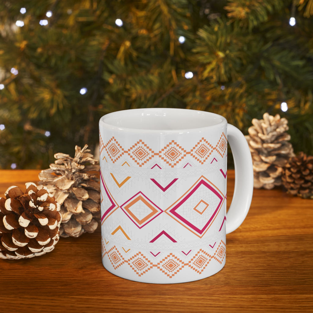 Boho Geo Pattern Ceramic Mug — Pink & Orange Tribal 11oz/15oz