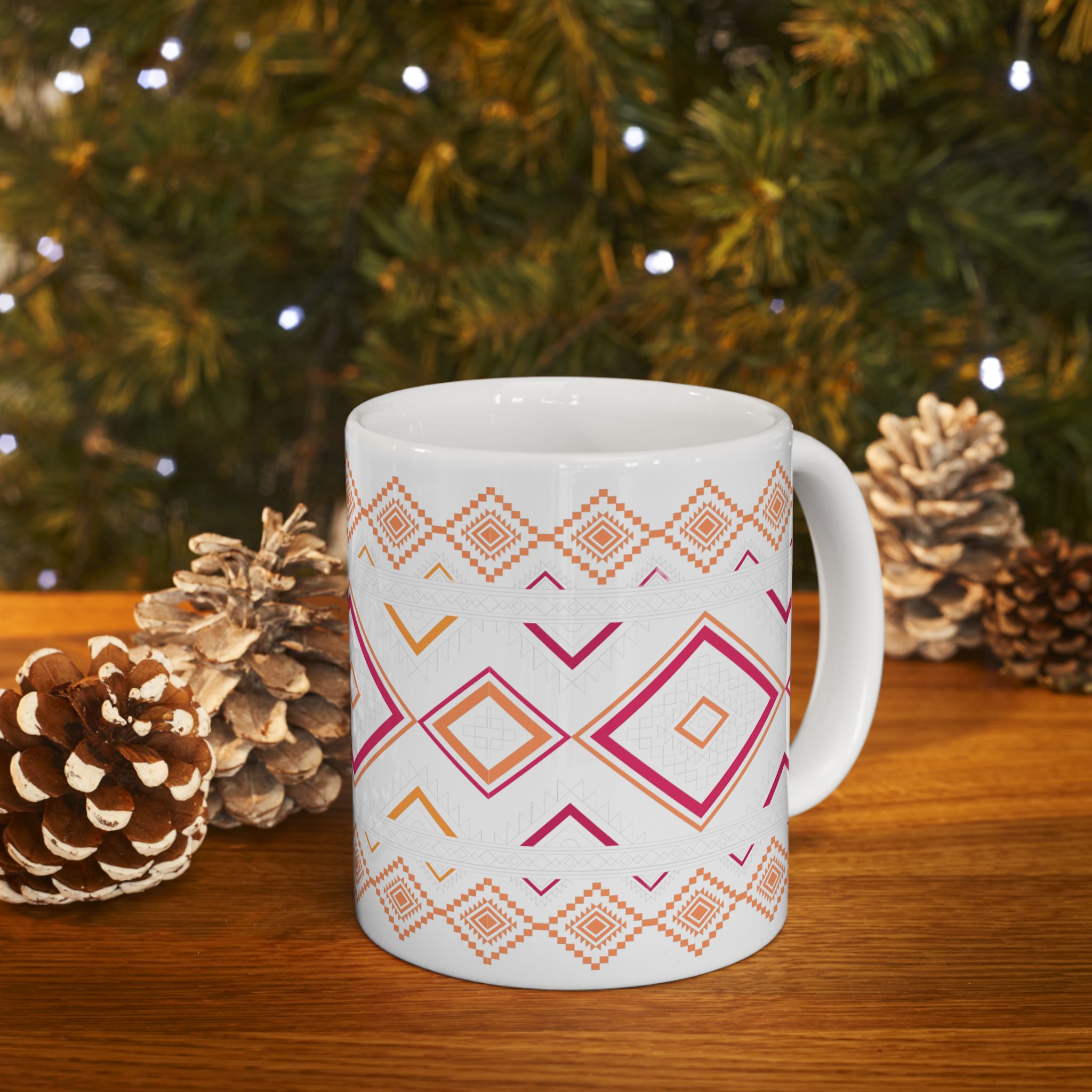 Boho Geo Pattern Ceramic Mug — Pink & Orange Tribal 11oz/15oz