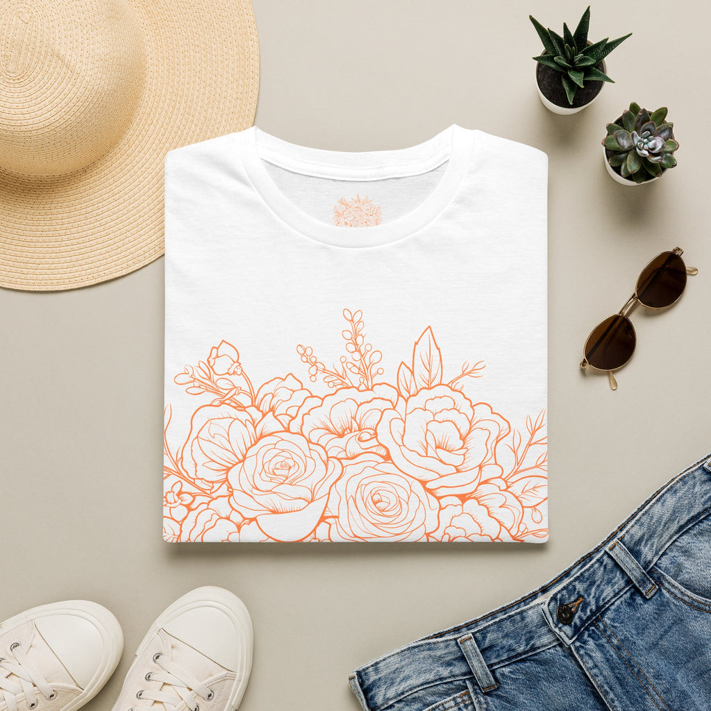 Floral Bouquet Tee — Peach Line Art Flower T-Shirt