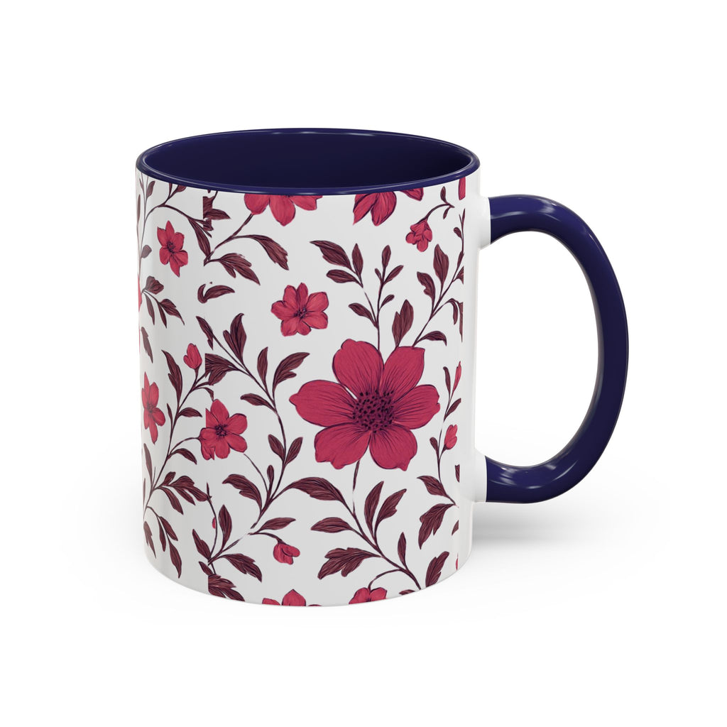 Floral Burgundy Accent Coffee Mug — Pink Blossom Pattern, 11/15oz