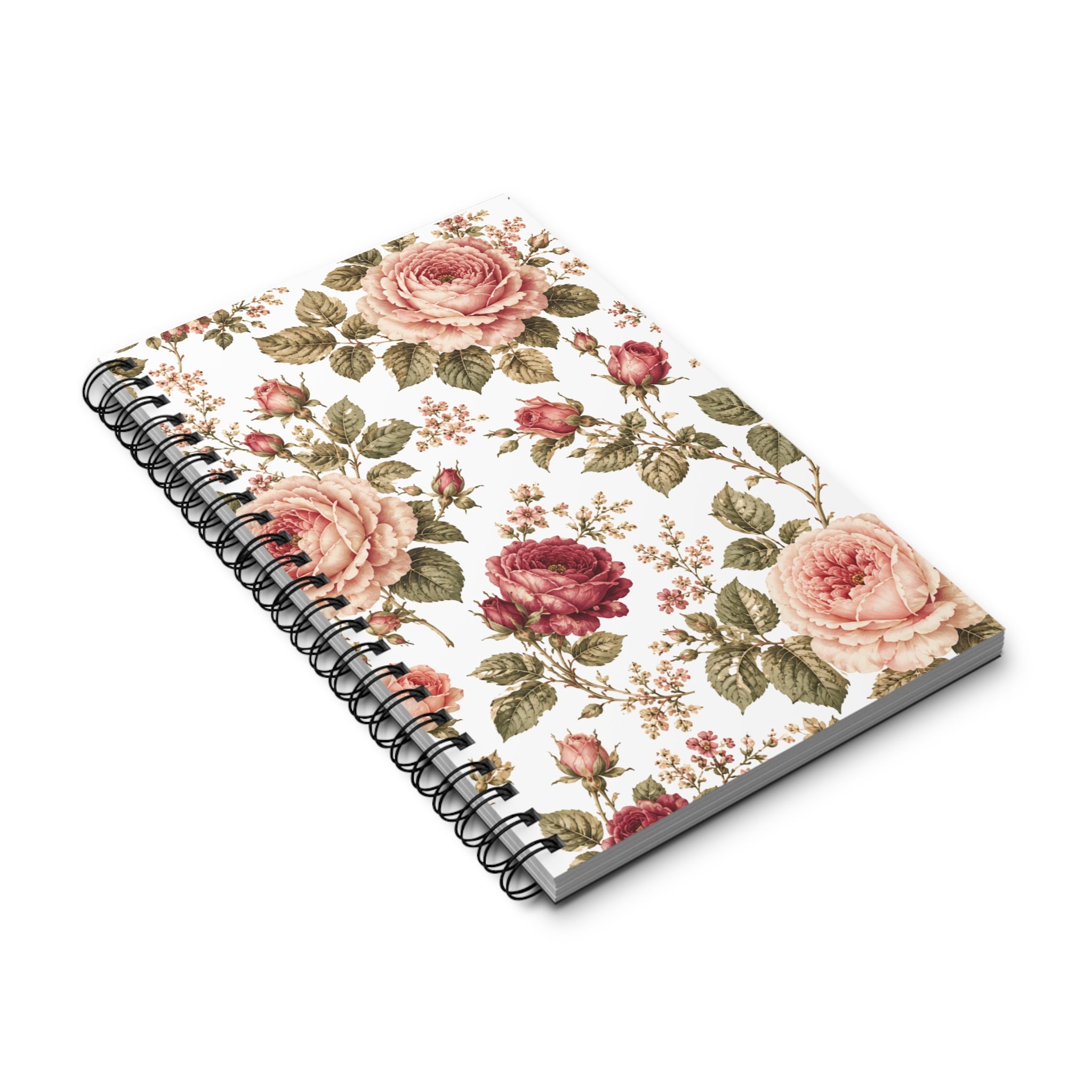 Floral Rose Spiral Journal — Vintage Pink Garden Notebook