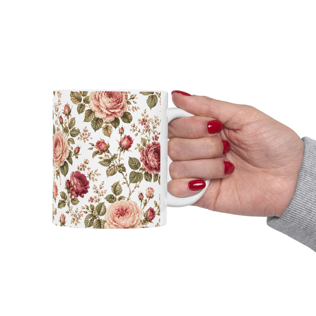 Vintage Rose Floral Ceramic Mug — 11oz & 15oz Tea Coffee Cup