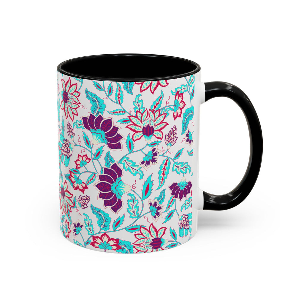 Floral Accent Coffee Mug – Teal & Magenta Patterned Ceramic Mug (11/15oz)