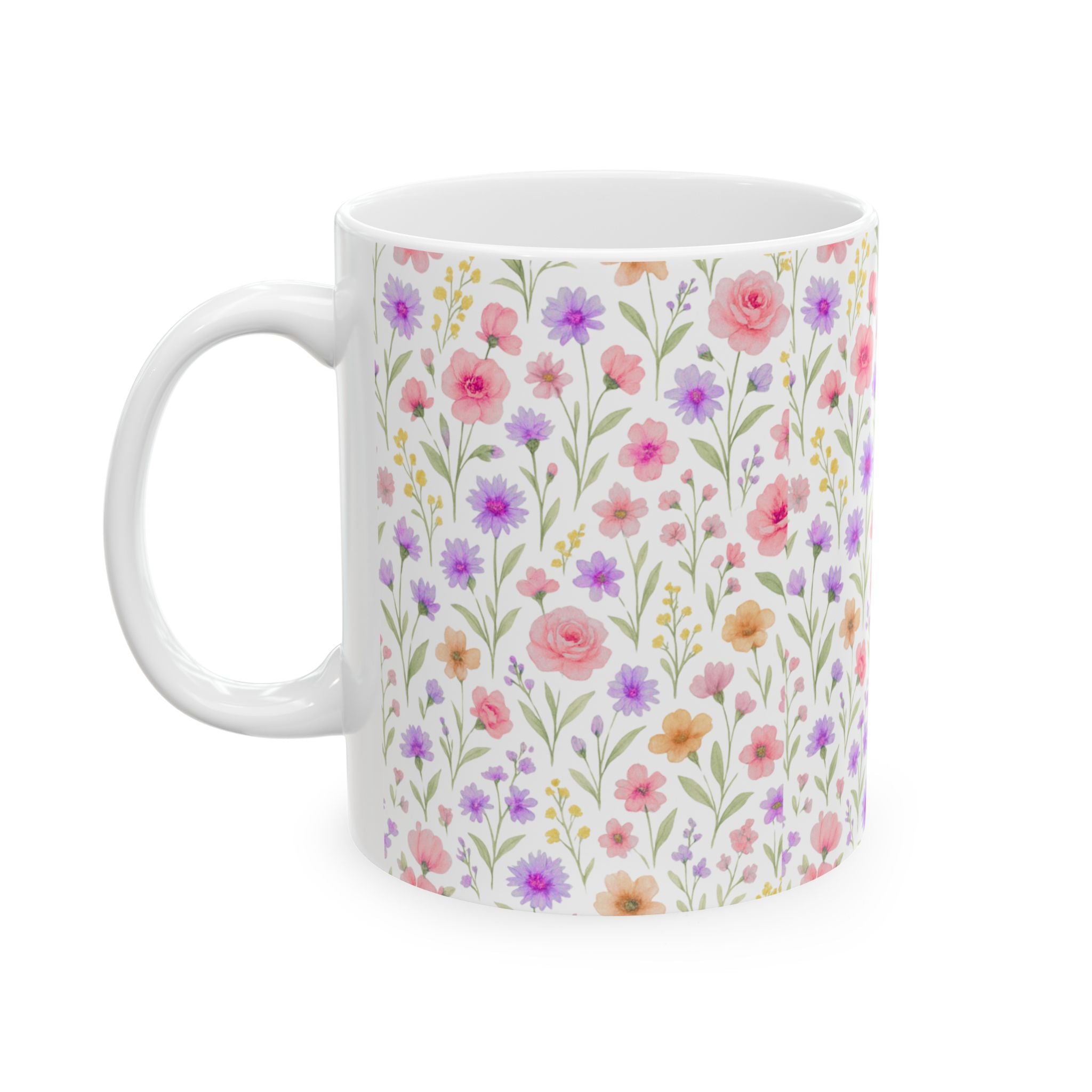 Floral Watercolor Ceramic Mug — Pink & Lavender Wildflower Pattern (11oz, 15oz)