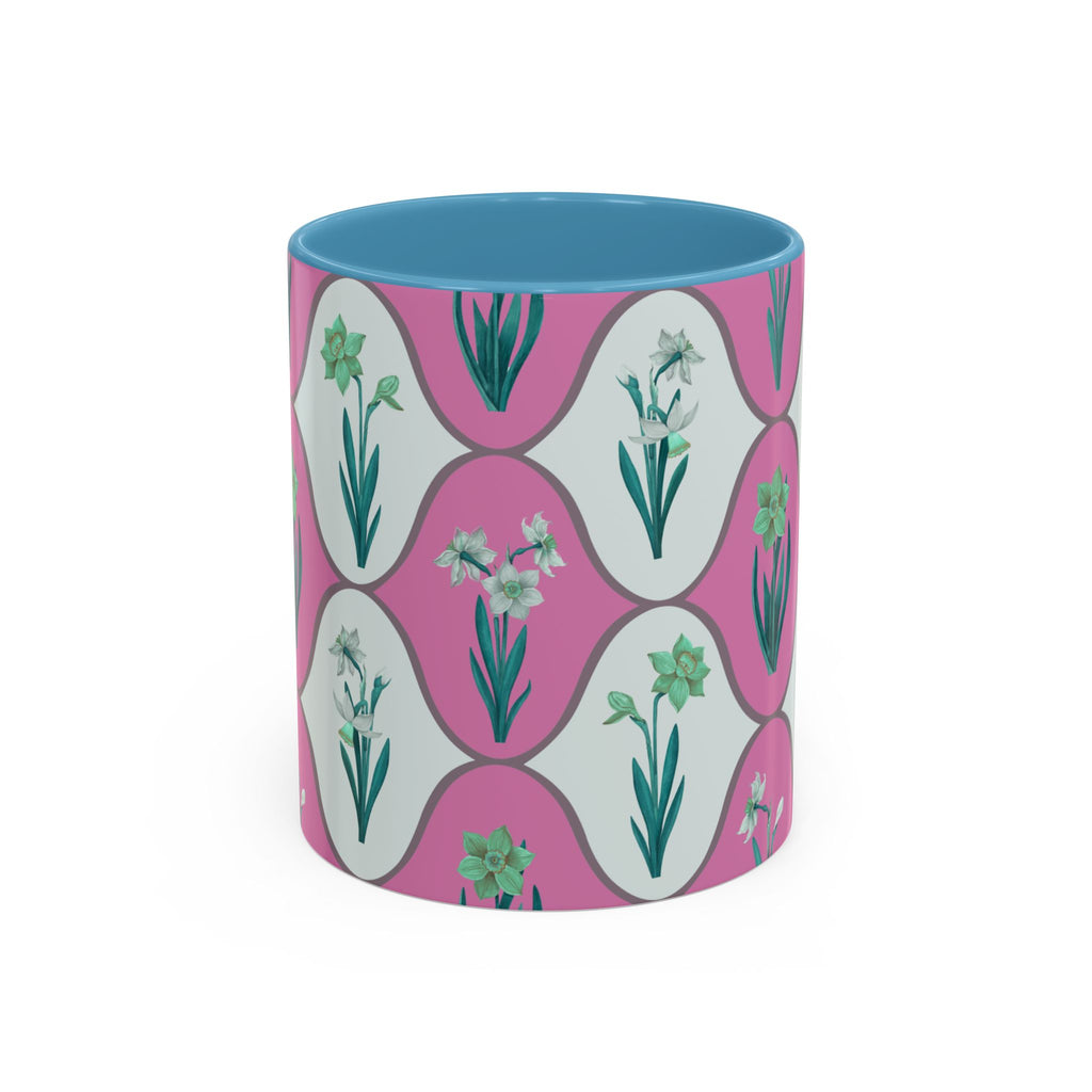 Floral Wave Accent Coffee Mug – Pink Retro Daffodil Pattern (11/15oz)