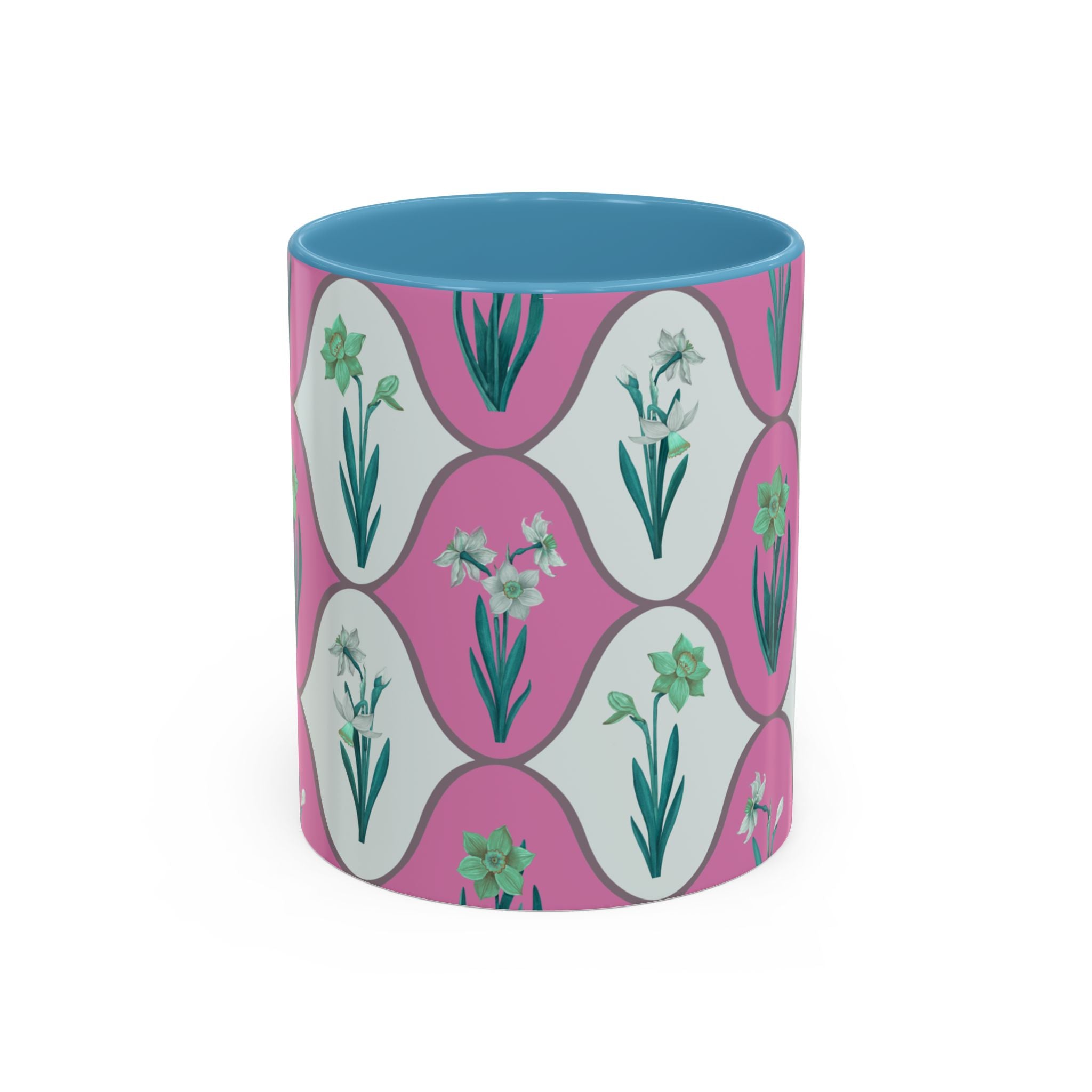 Floral Wave Accent Coffee Mug – Pink Retro Daffodil Pattern (11/15oz)