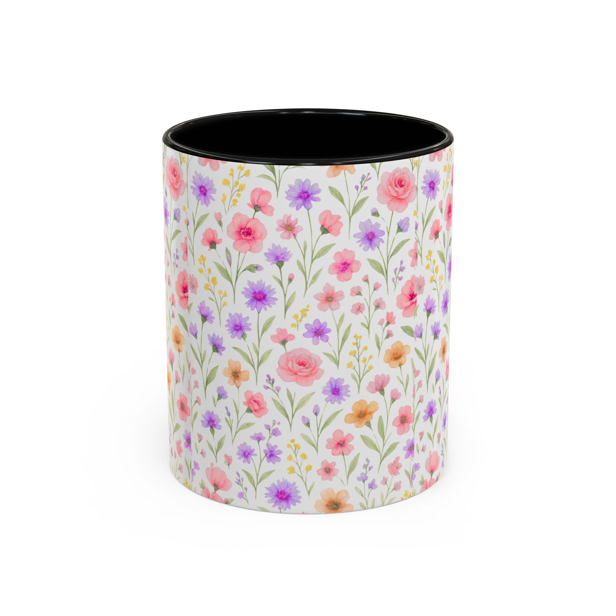 Floral Watercolor Accent Coffee Mug — Pastel Wildflower Pattern (11/15 oz)