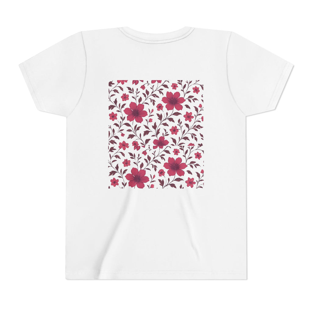 Girls Floral Pattern Youth Tee — Pink Red Blossom Short Sleeve Shirt