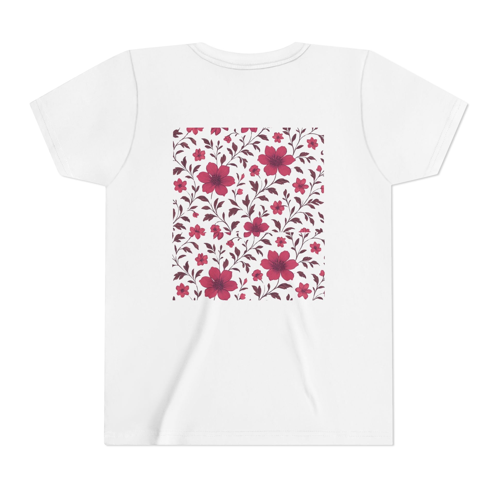Girls Floral Pattern Youth Tee — Pink Red Blossom Short Sleeve Shirt