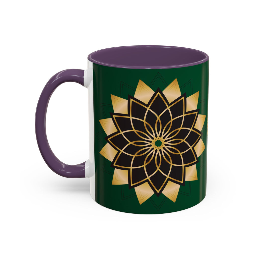 Gold Mandala Accent Coffee Mug — Elegant Green & Black Ceramic 11/15oz