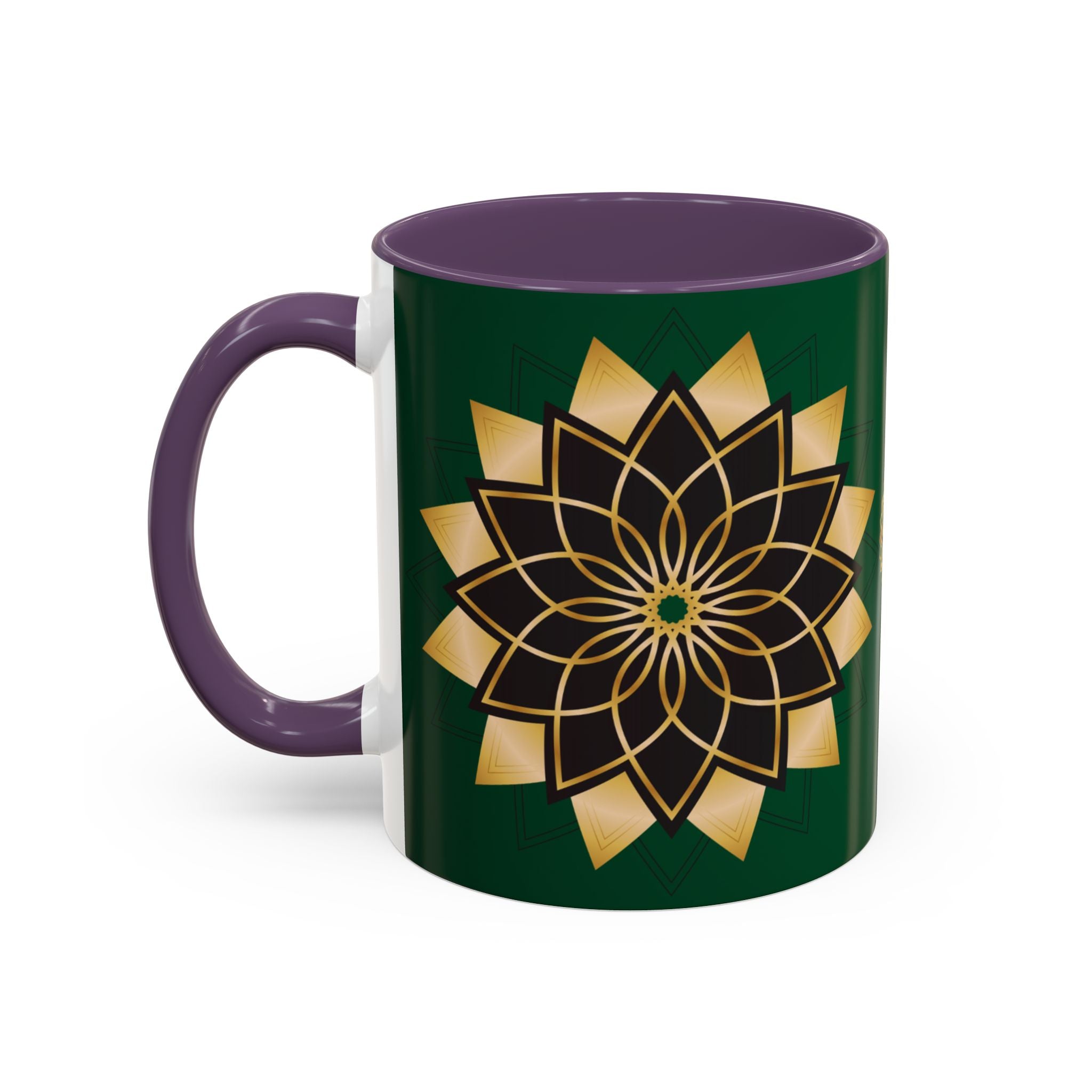 Gold Mandala Accent Coffee Mug — Elegant Green & Black Ceramic 11/15oz