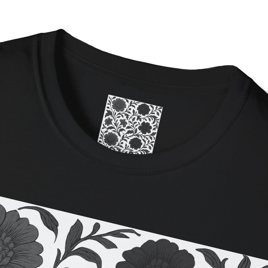 Floral Vintage Tile T‑Shirt — Black & White Botanical Pattern