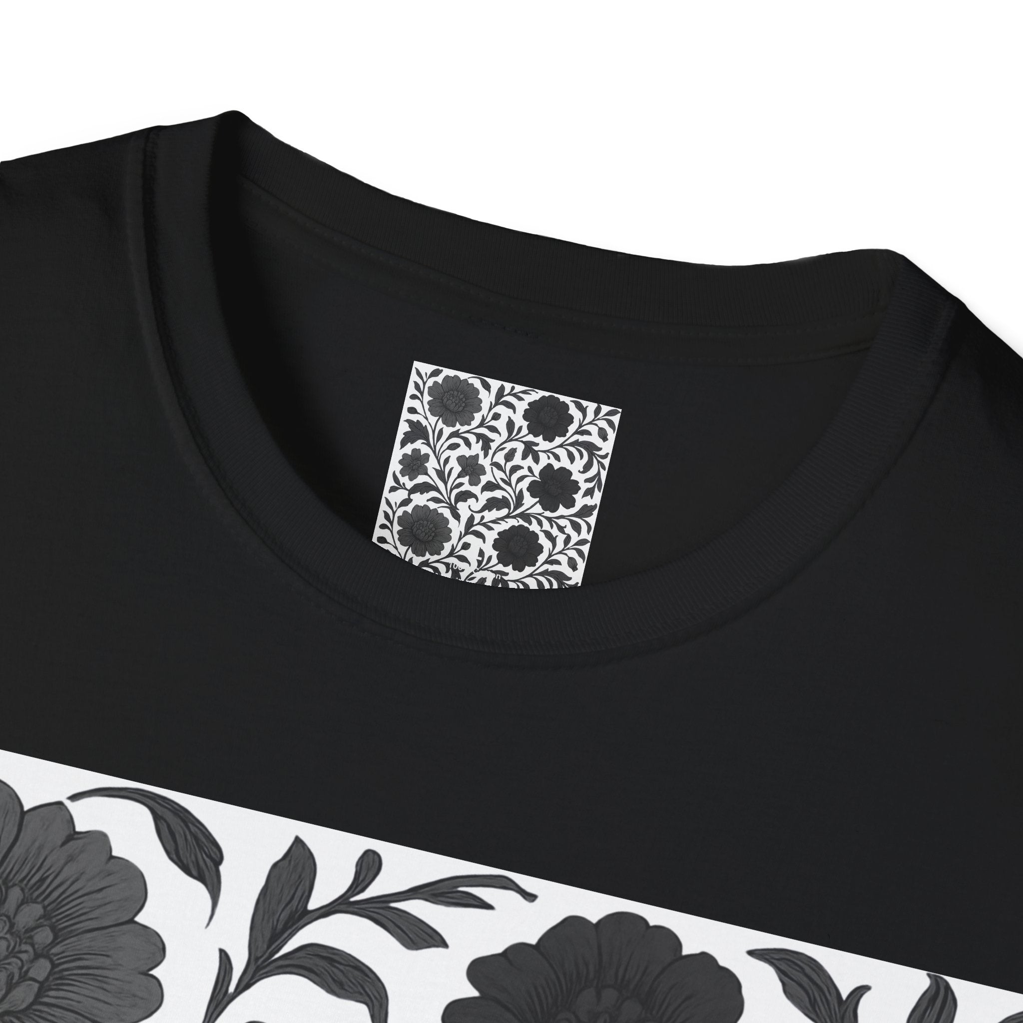 Floral Vintage Tile T‑Shirt — Black & White Botanical Pattern