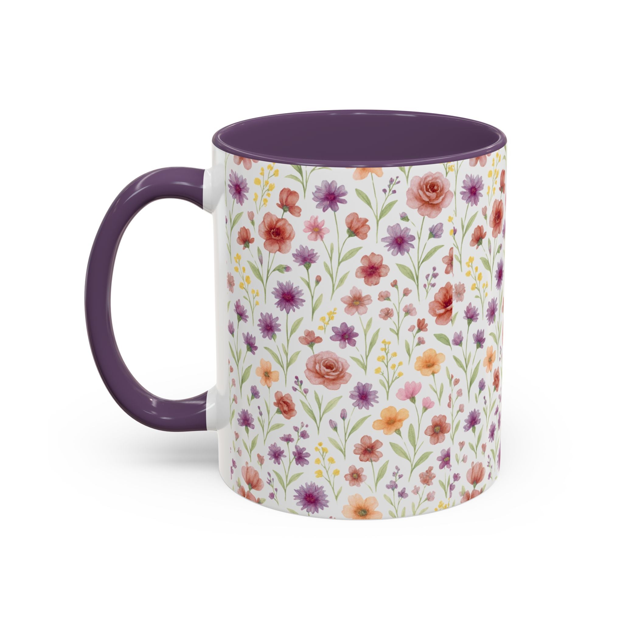 Floral Watercolor Accent Coffee Mug – Pink & Purple Wildflower Pattern (11/15oz)