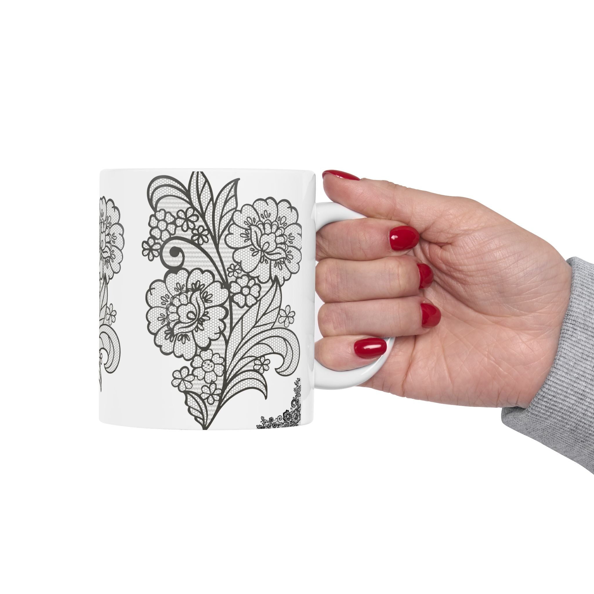 Floral Outline Ceramic Mug — Black & White Hand-Drawn Flower Pattern (11oz, 15oz)