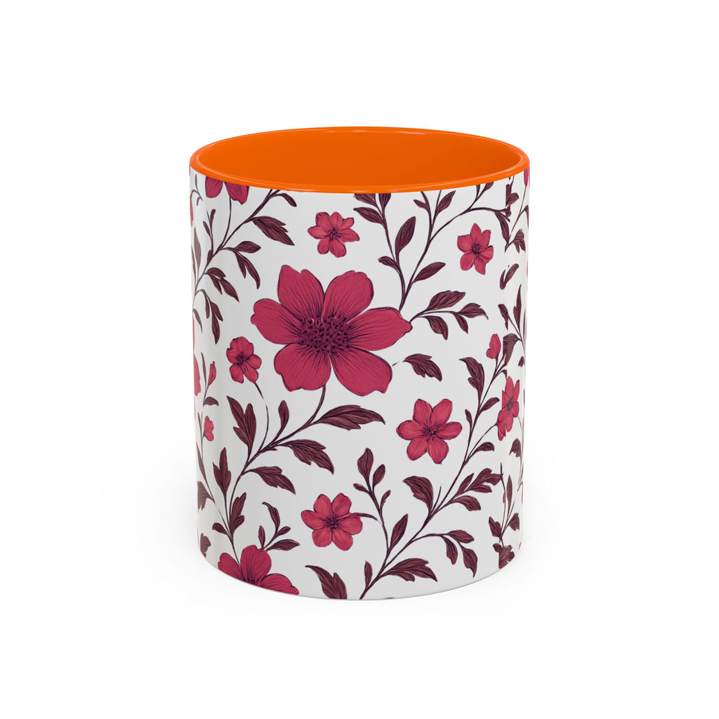 Floral Burgundy Accent Coffee Mug — Pink Blossom Pattern, 11/15oz