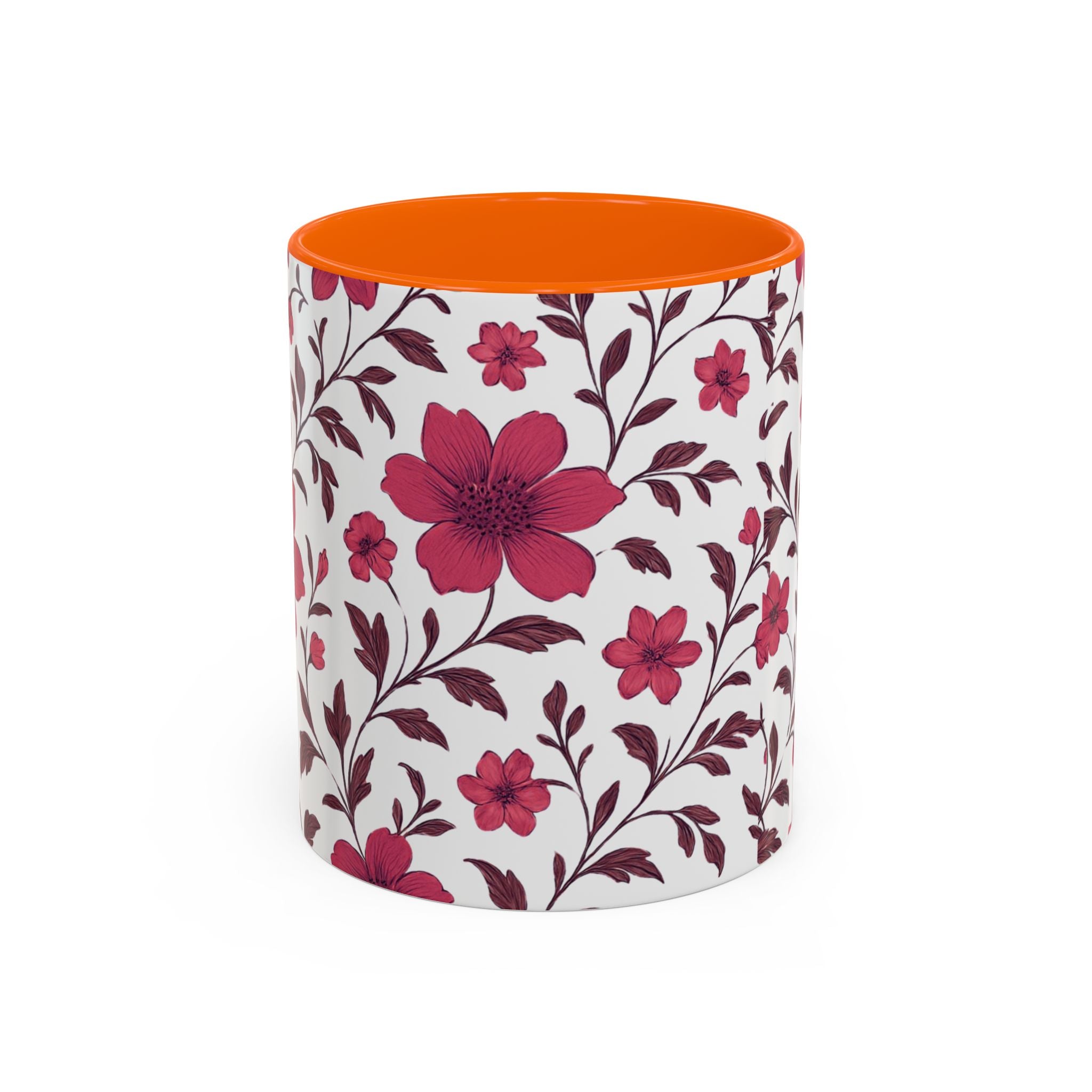 Floral Burgundy Accent Coffee Mug — Pink Blossom Pattern, 11/15oz