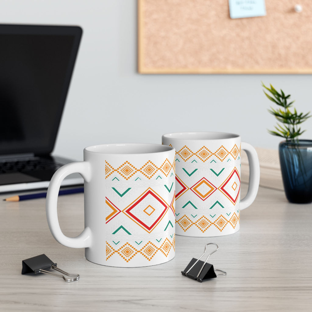Boho Geometric Ceramic Mug – Colorful Aztec Diamond Pattern (11oz & 15oz)