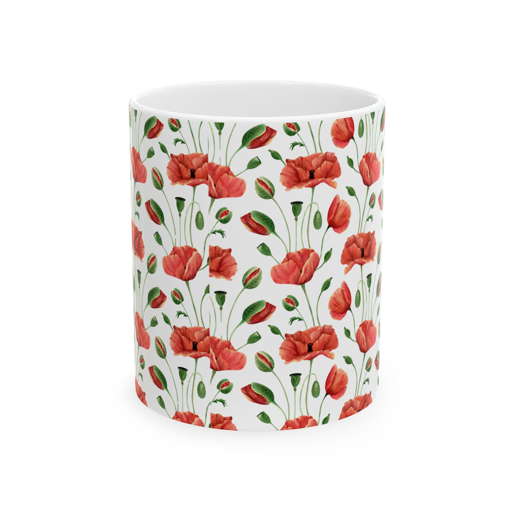 Poppy Pattern Ceramic Mug — Floral Red Poppy Coffee Cup (11oz, 15oz)