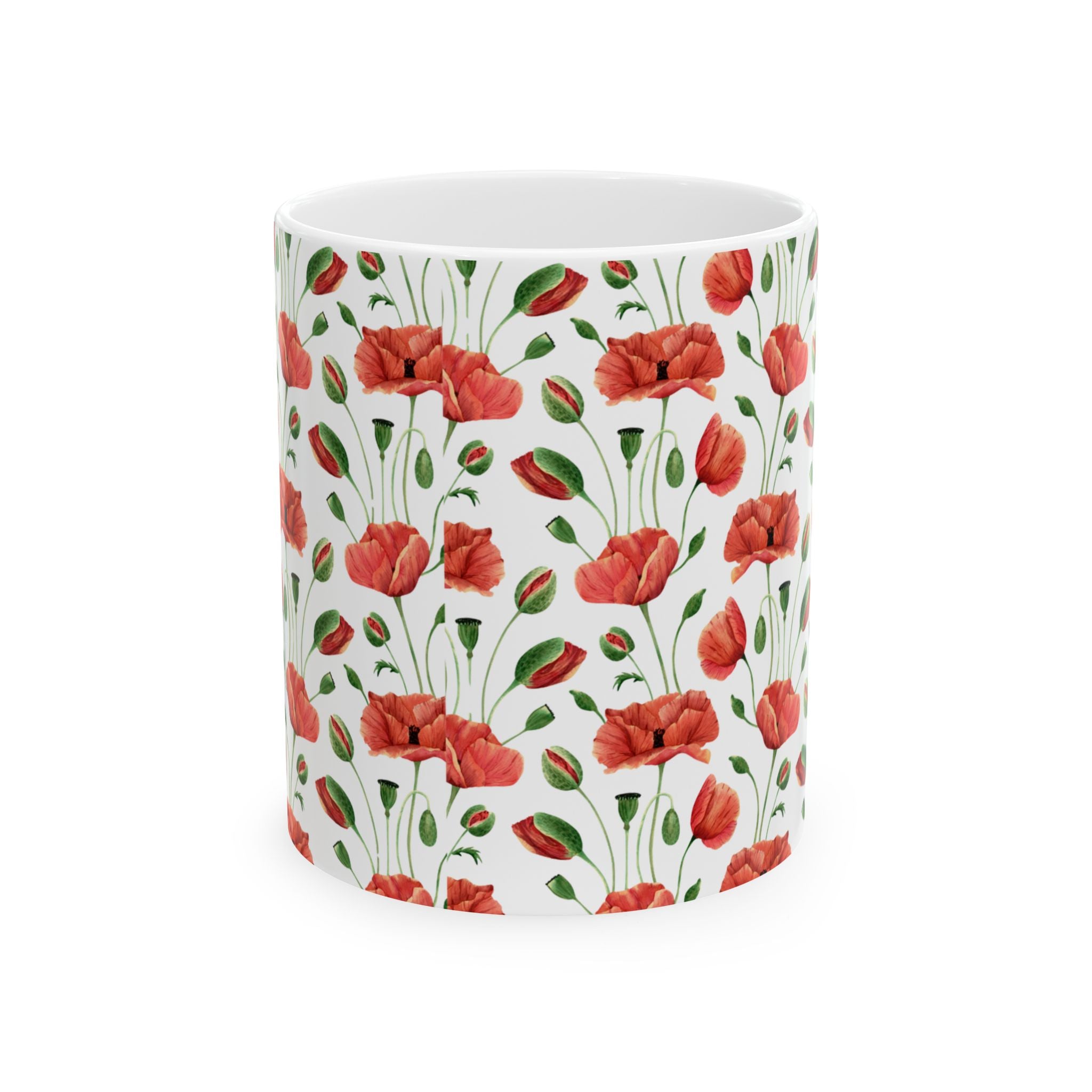 Poppy Pattern Ceramic Mug — Floral Red Poppy Coffee Cup (11oz, 15oz)